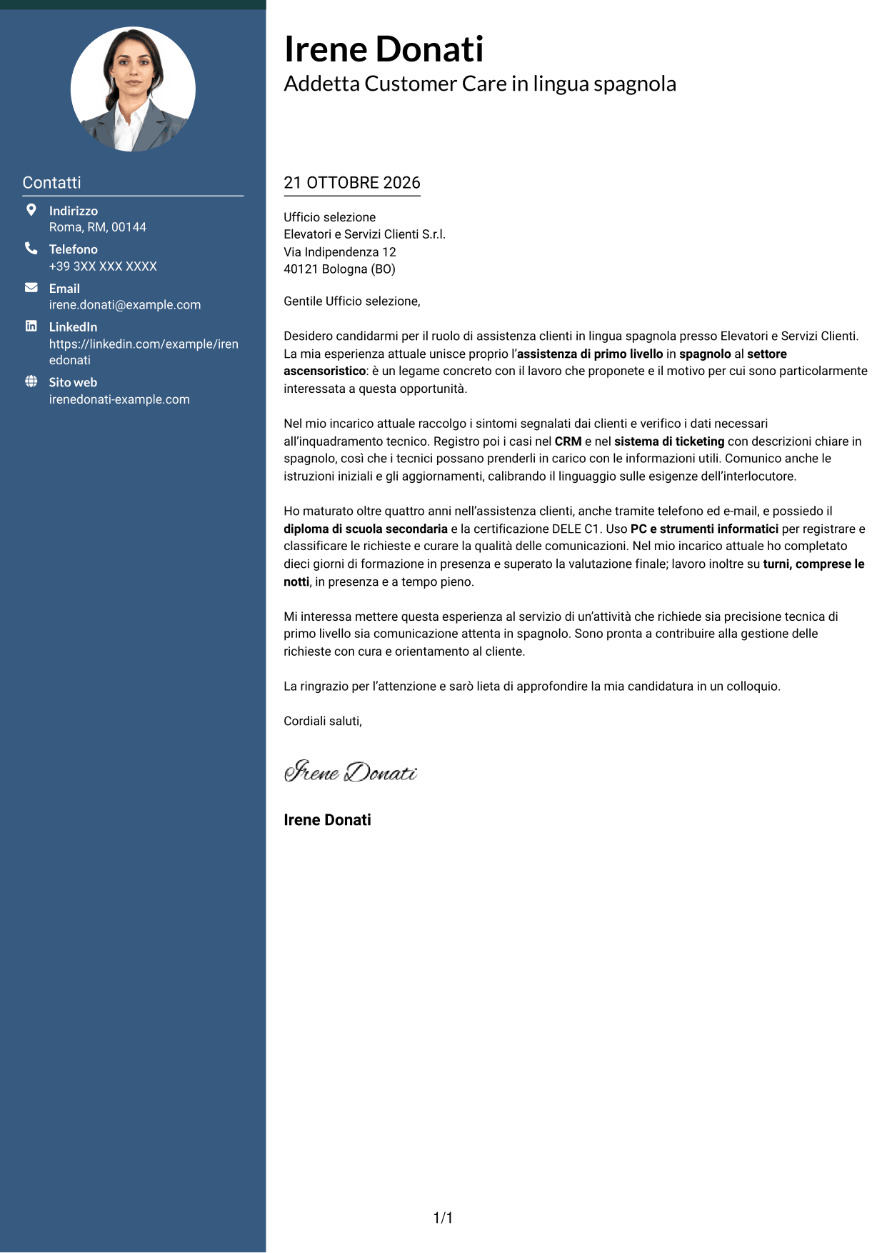 Lettera di presentazione Elegante (formato con colonna laterale colorata e foto): Operatore Customer Care - Assistenza tecnica ascensoristica in spagnolo, pagina 1