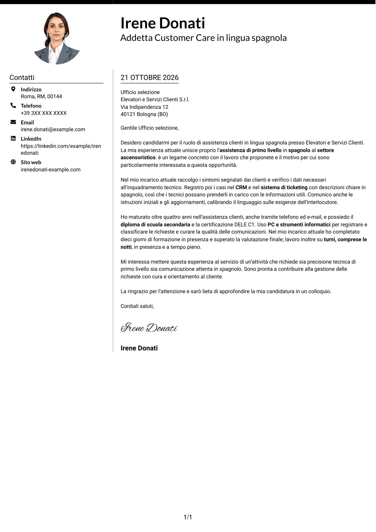 Lettera di presentazione Moderno (formato a due colonne con foto a sinistra e separatore): Operatore Customer Care - Assistenza tecnica ascensoristica in spagnolo, pagina 1