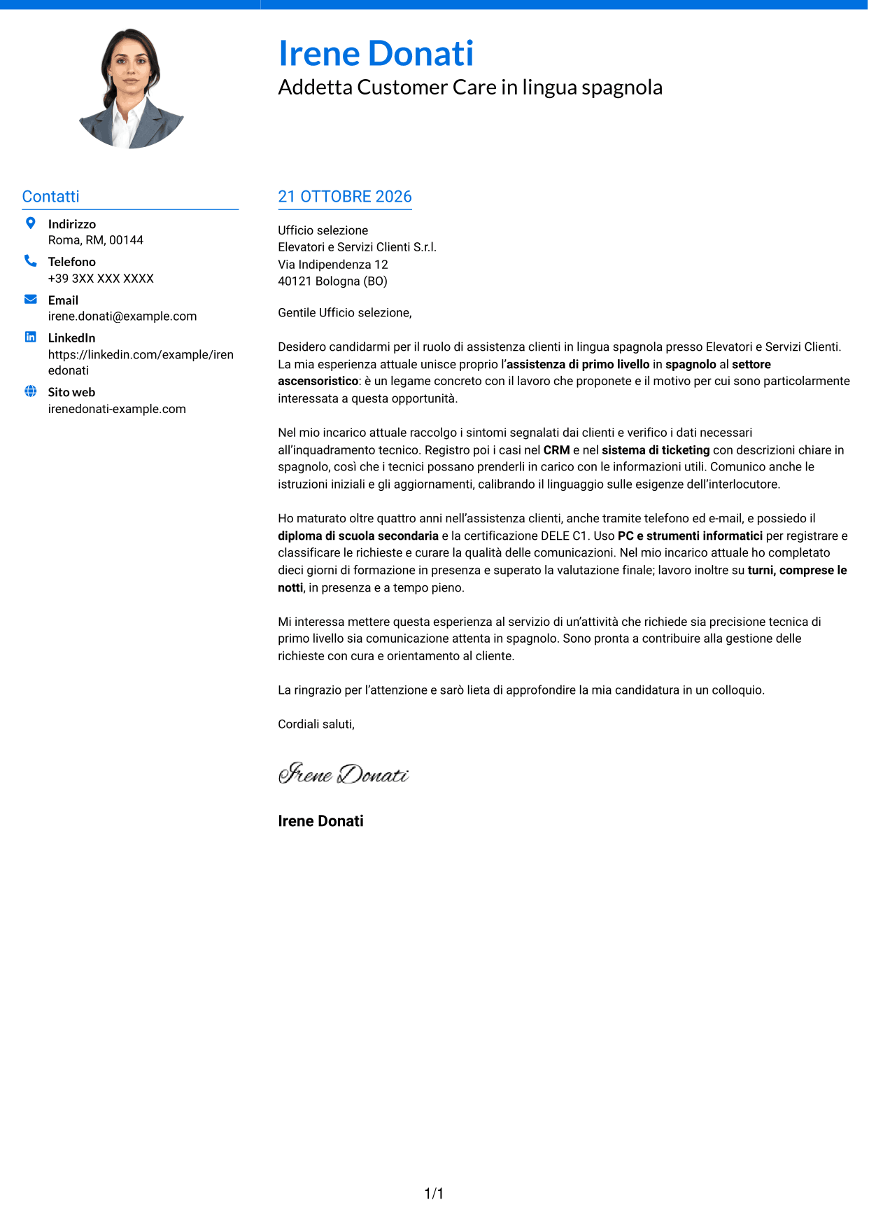 Lettera di presentazione Audace (formato a due colonne con accenti colorati e foto): Operatore Customer Care - Assistenza tecnica ascensoristica in spagnolo, pagina 1