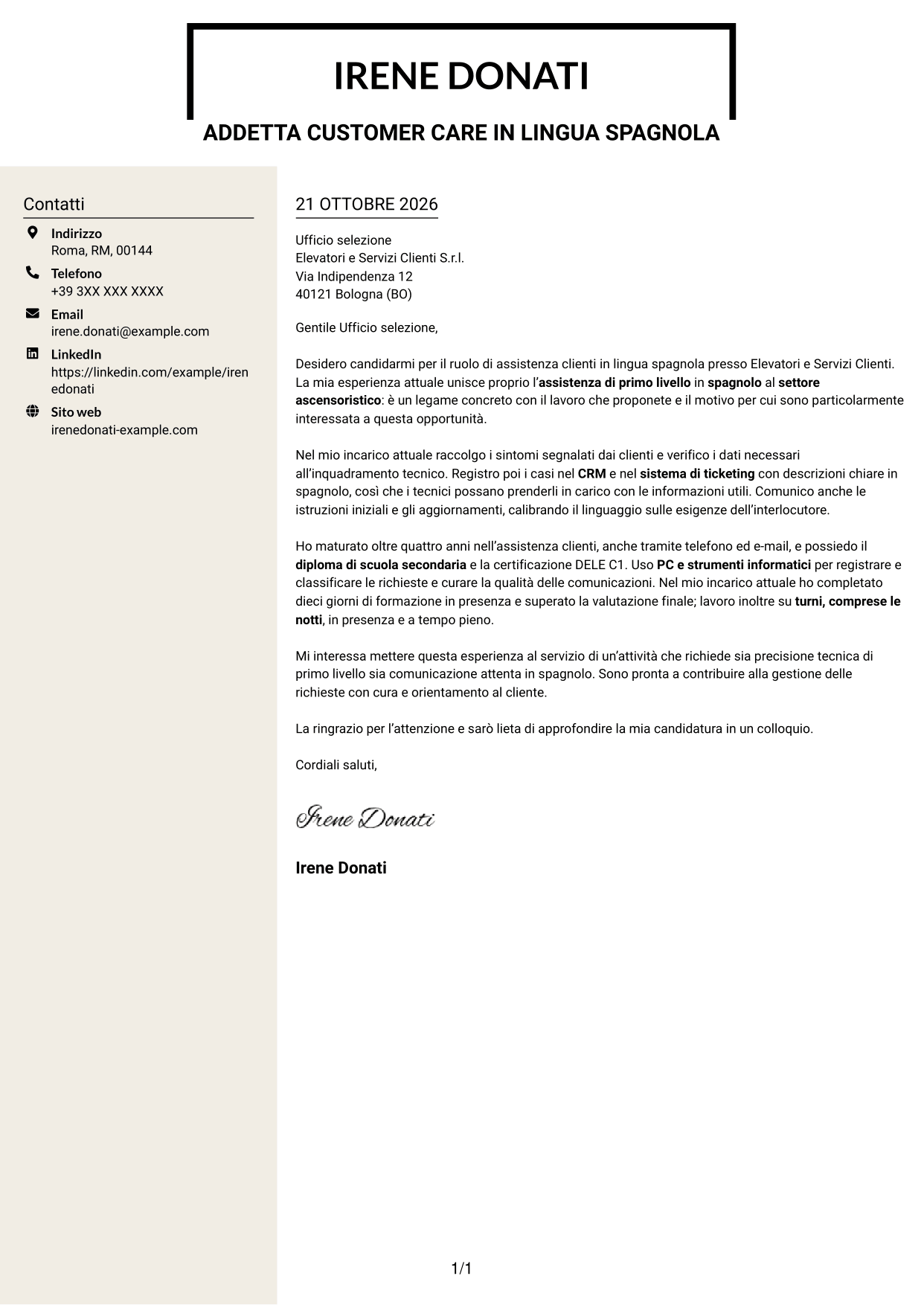 Lettera di presentazione Intraprendente (formato a due colonne con intestazione centrata senza foto): Operatore Customer Care - Assistenza tecnica ascensoristica in spagnolo, pagina 1
