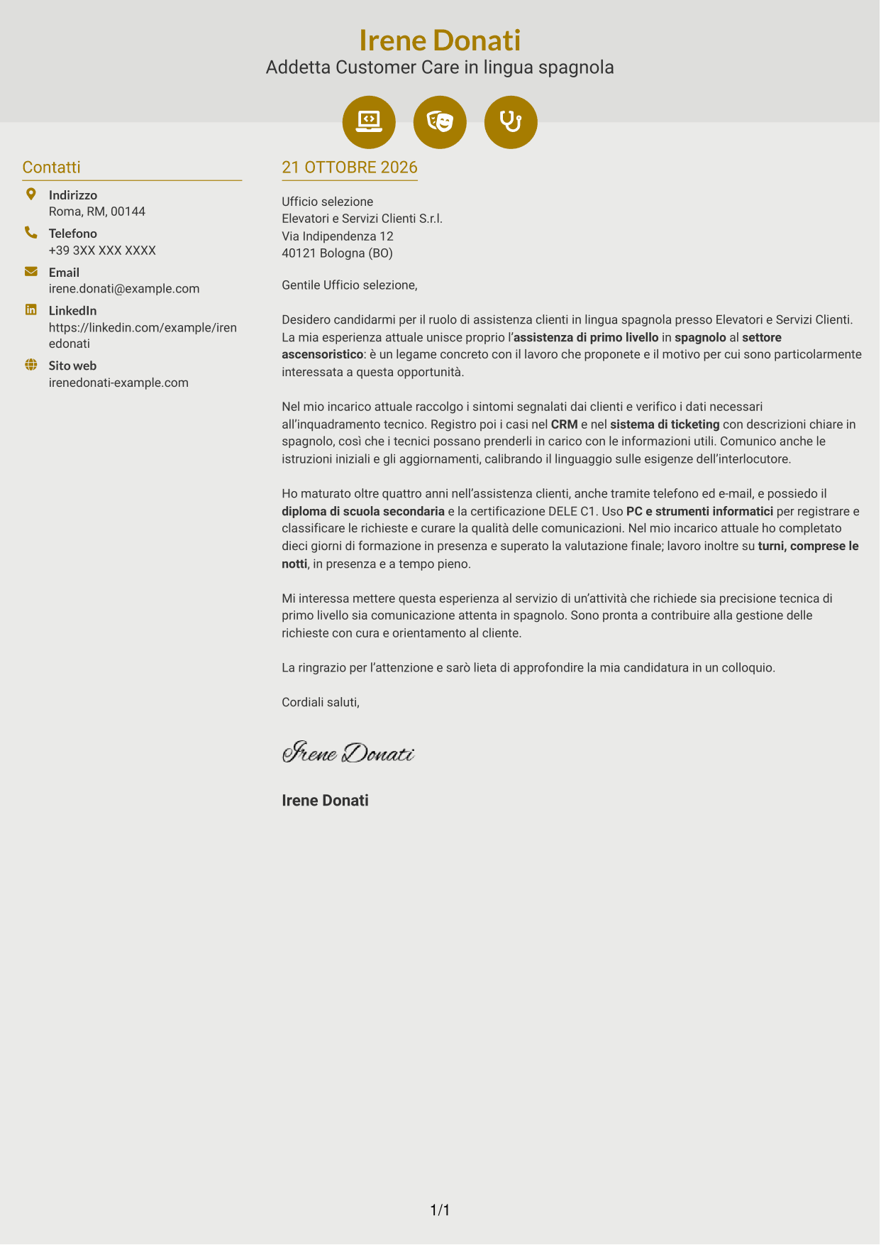 Lettera di presentazione Dinamico (formato a due colonne con icone): Operatore Customer Care - Assistenza tecnica ascensoristica in spagnolo, pagina 1
