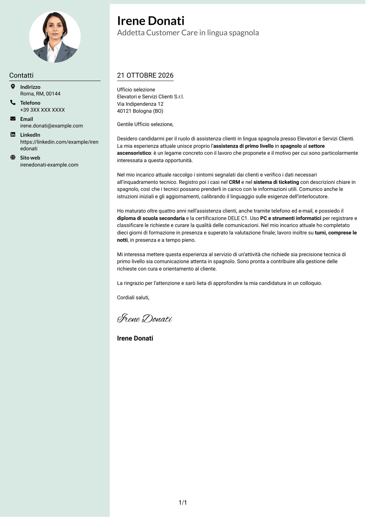 Lettera di presentazione Dirigente (formato con colonna laterale tenue e foto arrotondata): Operatore Customer Care - Assistenza tecnica ascensoristica in spagnolo, pagina 1