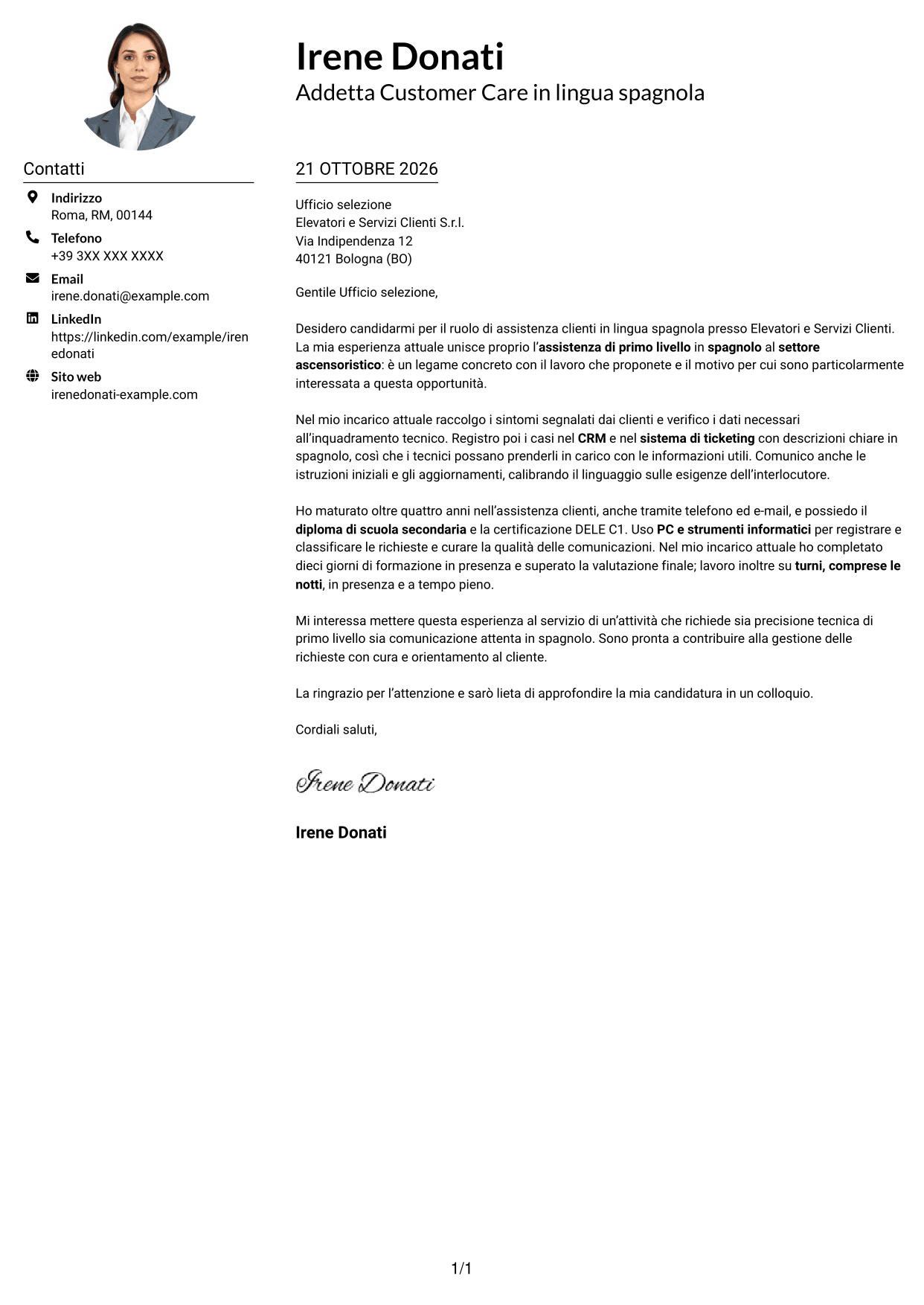 Esempio di lettera di presentazione — pagina 1