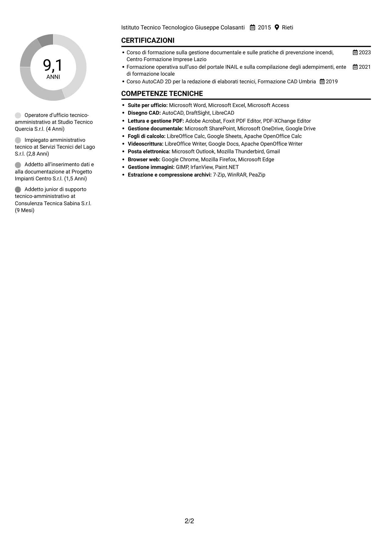 CV Compatto (formato sobrio a due colonne con foto): Operatore d’ufficio - Pratiche VVF e INAIL, pagina 2