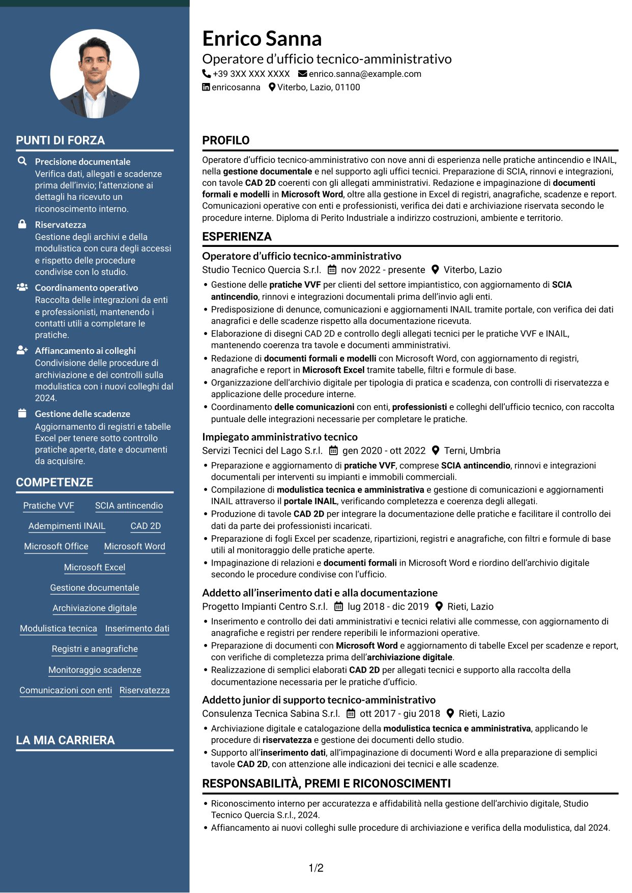 CV Elegante (formato con colonna laterale colorata e foto): Operatore d’ufficio - Pratiche VVF e INAIL, pagina 1
