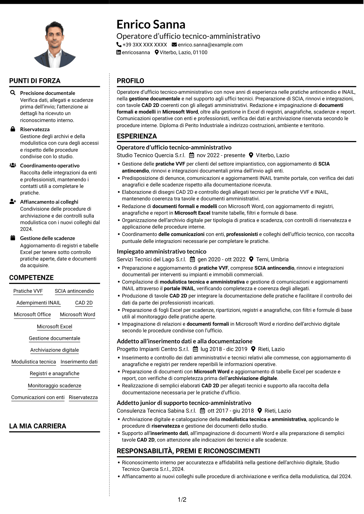 CV Moderno (formato a due colonne con foto a sinistra e separatore): Operatore d’ufficio - Pratiche VVF e INAIL, pagina 1