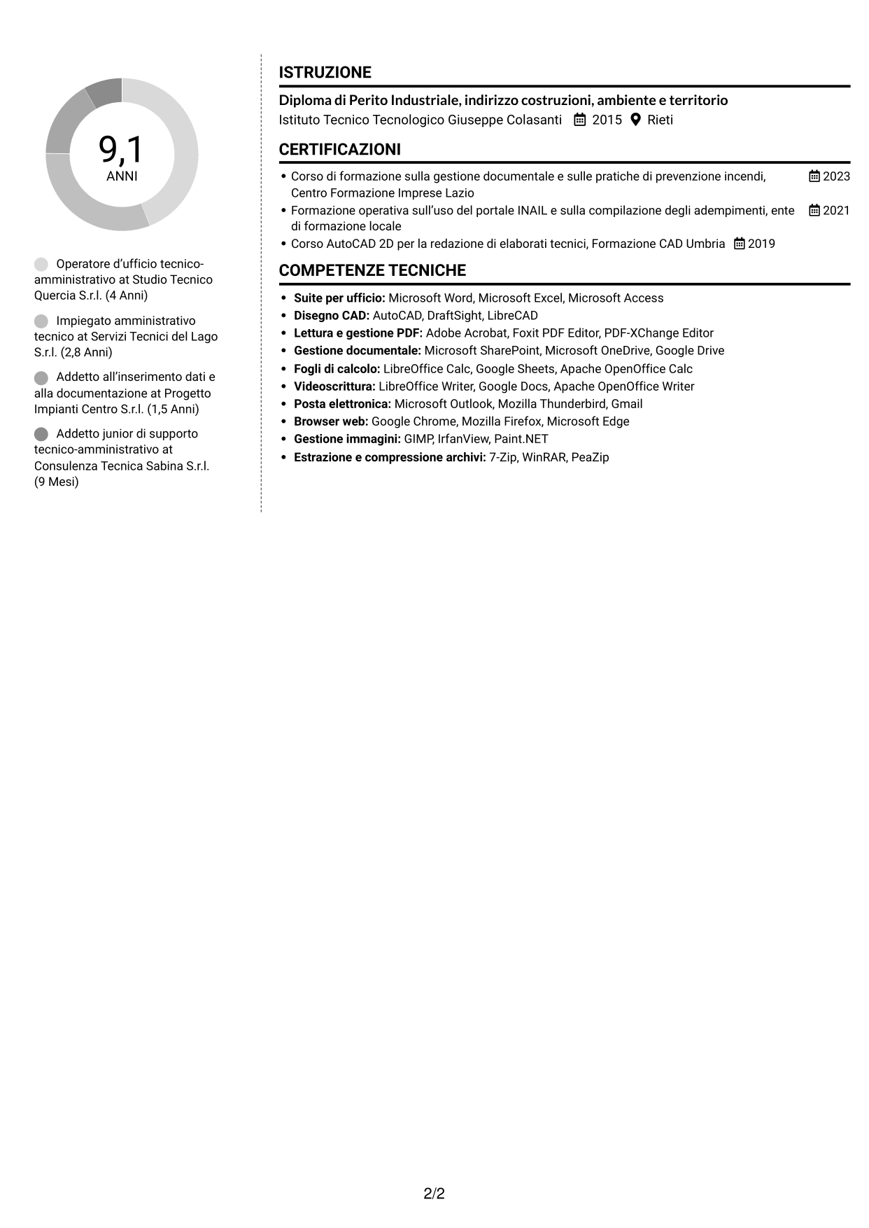 CV Moderno (formato a due colonne con foto a sinistra e separatore): Operatore d’ufficio - Pratiche VVF e INAIL, pagina 2