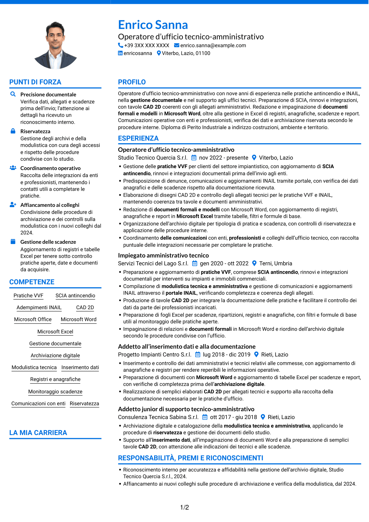 CV Audace (formato a due colonne con accenti colorati e foto): Operatore d’ufficio - Pratiche VVF e INAIL, pagina 1