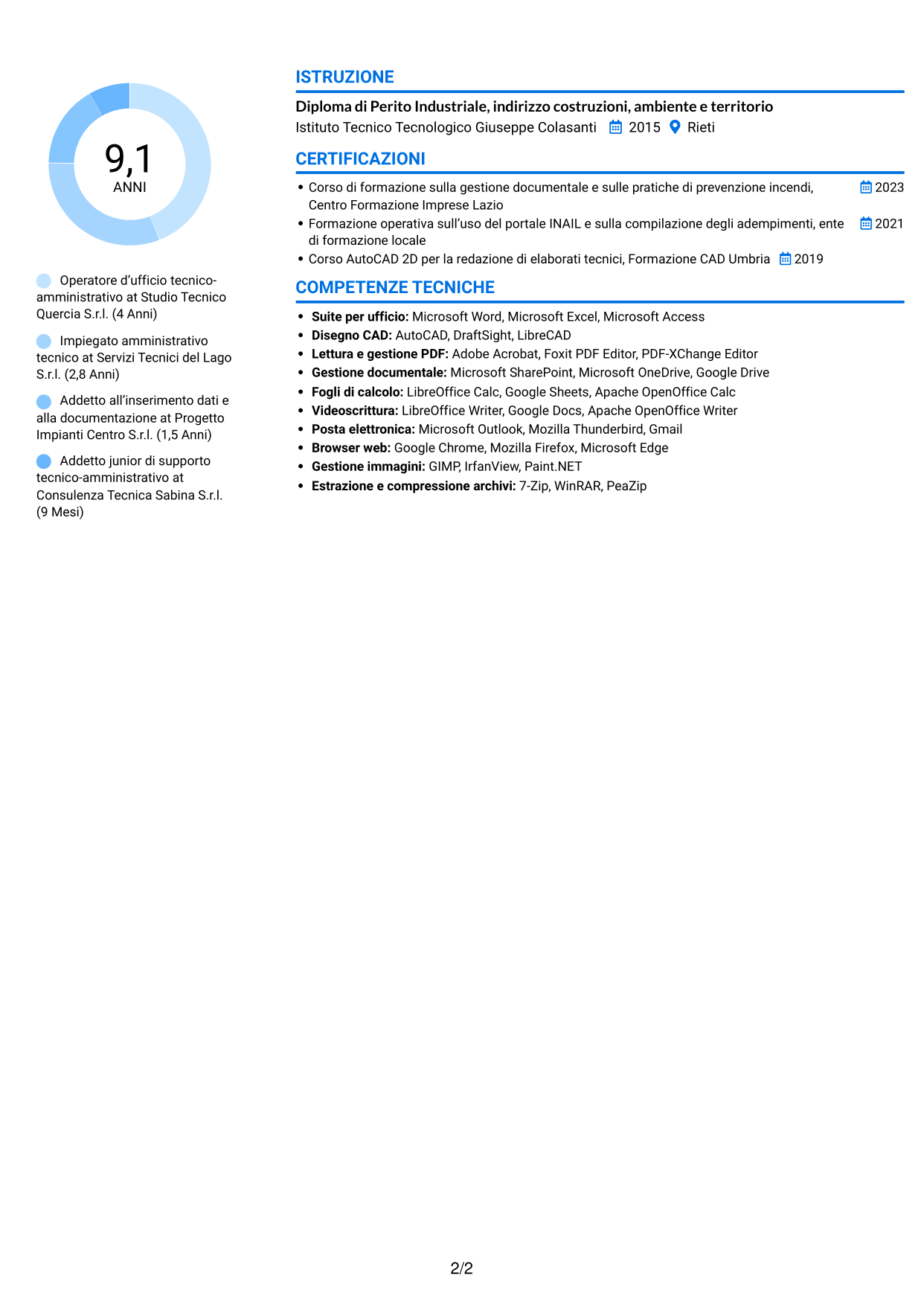 CV Audace (formato a due colonne con accenti colorati e foto): Operatore d’ufficio - Pratiche VVF e INAIL, pagina 2
