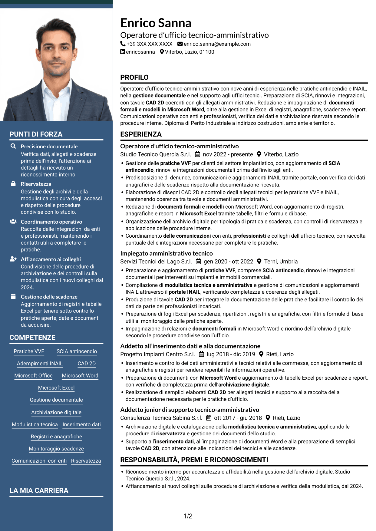 CV Signature (formato con colonna laterale colorata e foto grande): Operatore d’ufficio - Pratiche VVF e INAIL, pagina 1