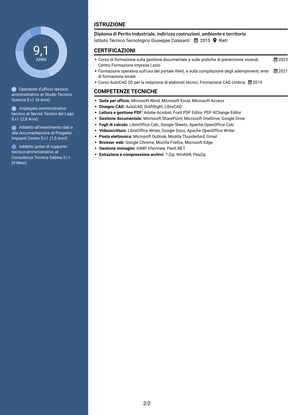 CV Signature (formato con colonna laterale colorata e foto grande): Operatore d’ufficio - Pratiche VVF e INAIL, pagina 2