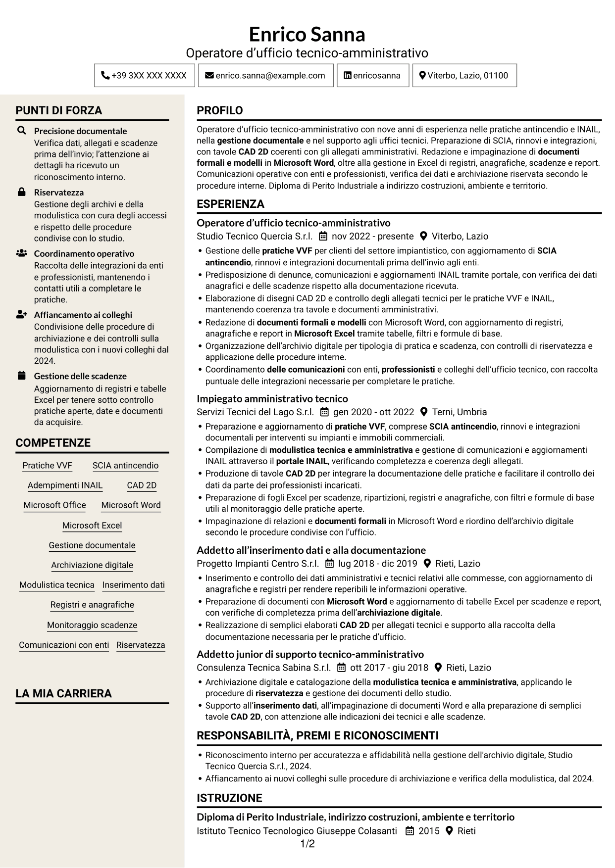 CV Intraprendente (formato a due colonne con intestazione centrata senza foto): Operatore d’ufficio - Pratiche VVF e INAIL, pagina 1