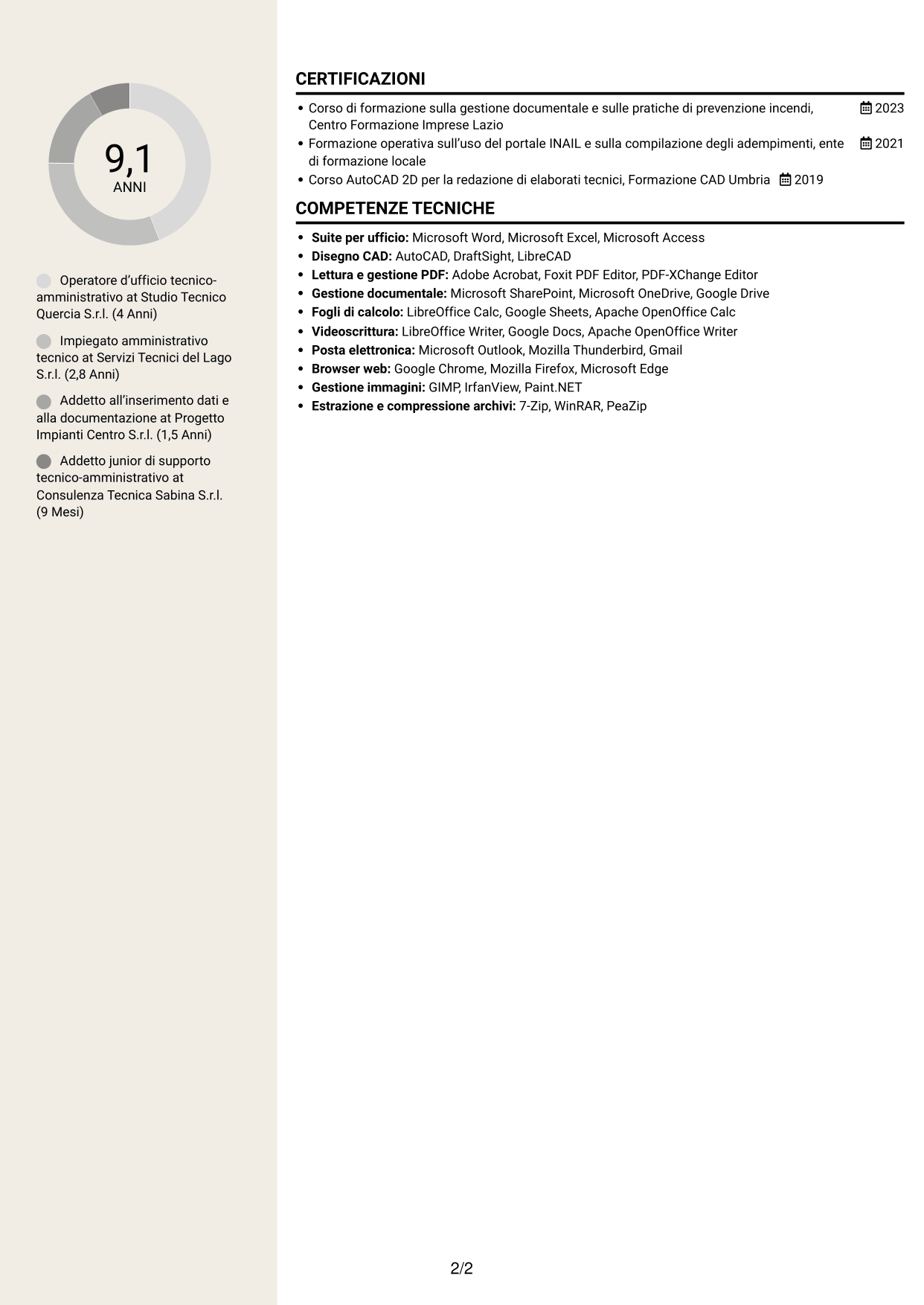 CV Intraprendente (formato a due colonne con intestazione centrata senza foto): Operatore d’ufficio - Pratiche VVF e INAIL, pagina 2