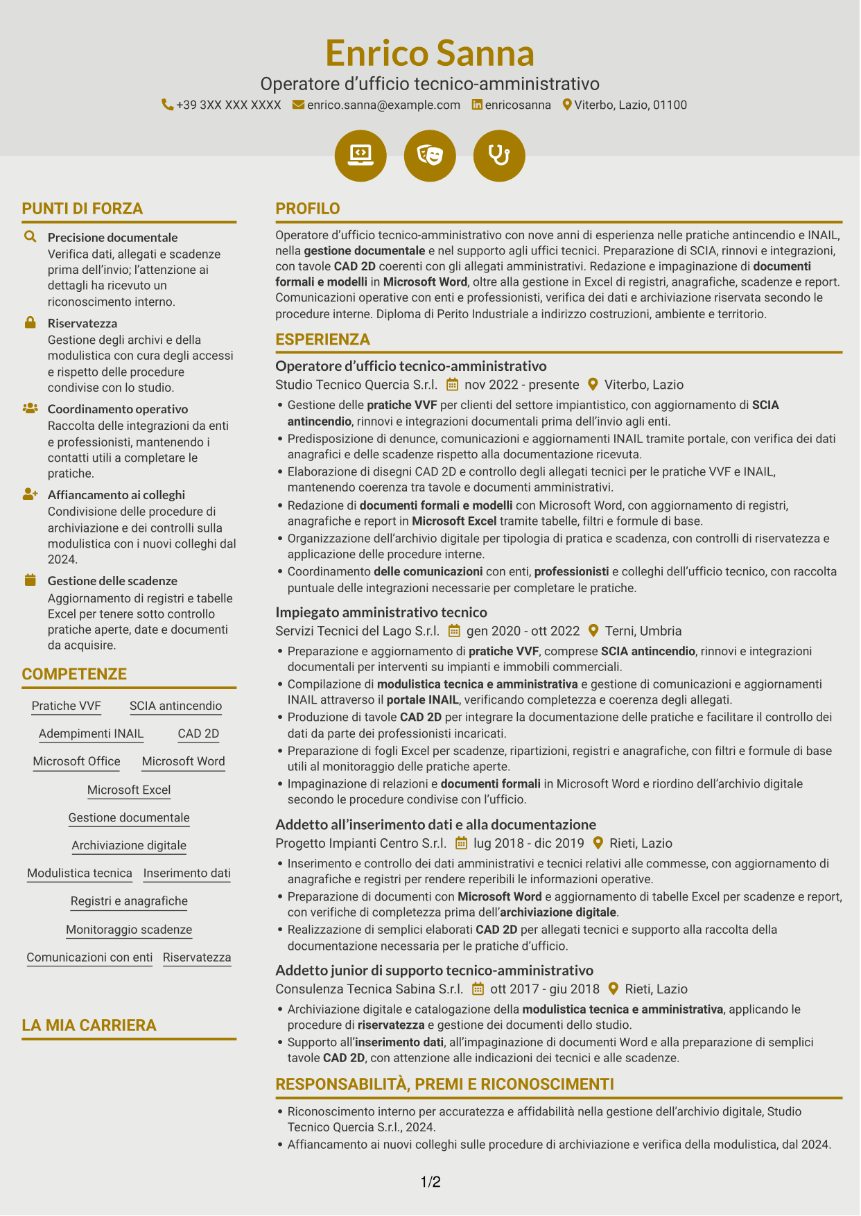 CV Dinamico (formato a due colonne con icone): Operatore d’ufficio - Pratiche VVF e INAIL, pagina 1