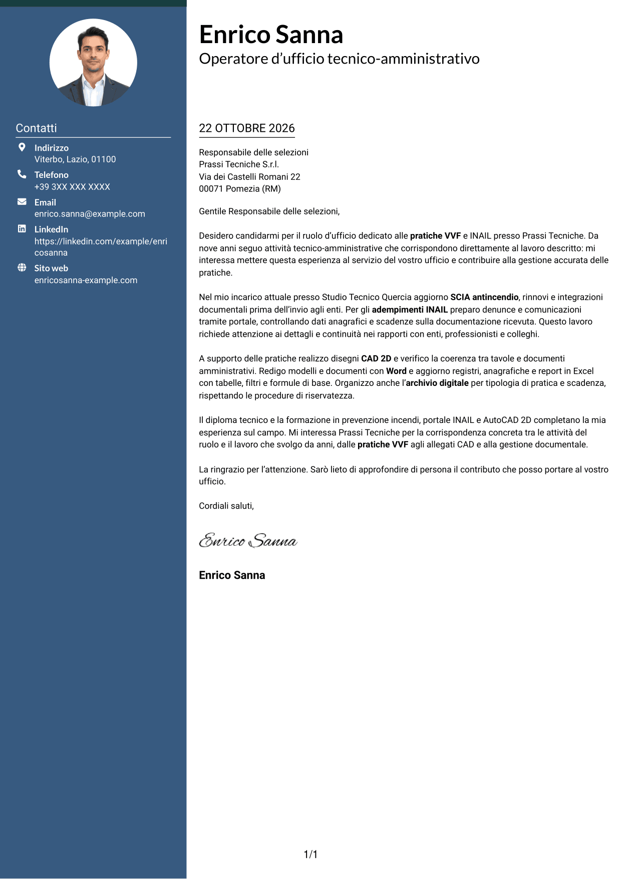 Lettera di presentazione Elegante (formato con colonna laterale colorata e foto): Operatore d’ufficio - Pratiche VVF e INAIL, pagina 1
