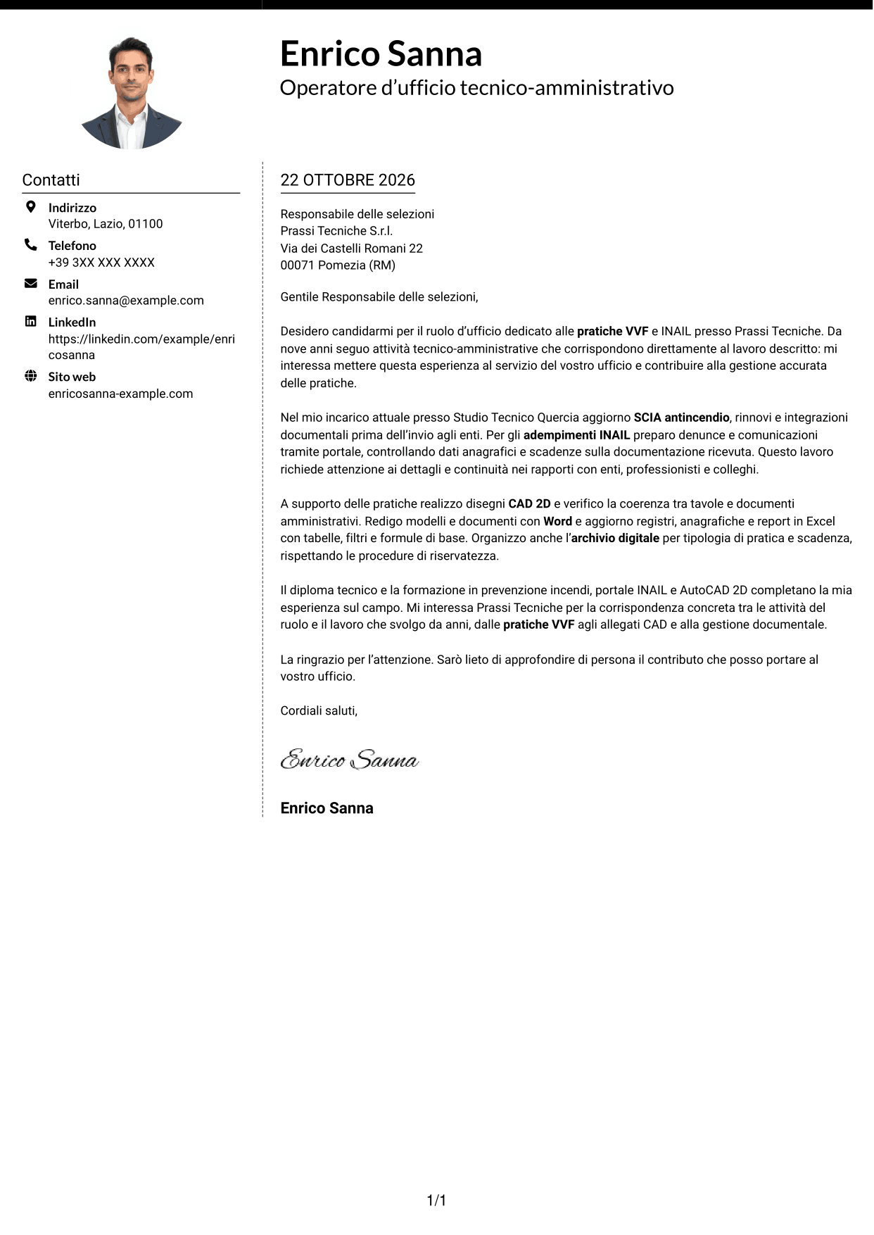 Lettera di presentazione Moderno (formato a due colonne con foto a sinistra e separatore): Operatore d’ufficio - Pratiche VVF e INAIL, pagina 1