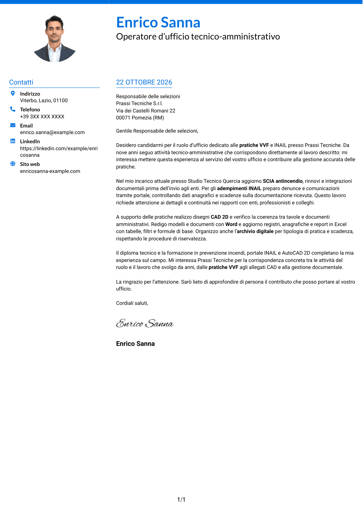 Lettera di presentazione Audace (formato a due colonne con accenti colorati e foto): Operatore d’ufficio - Pratiche VVF e INAIL, pagina 1