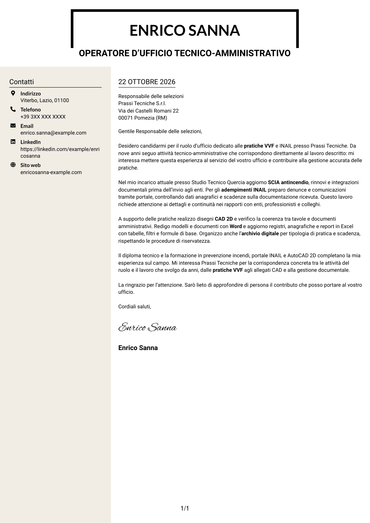 Lettera di presentazione Intraprendente (formato a due colonne con intestazione centrata senza foto): Operatore d’ufficio - Pratiche VVF e INAIL, pagina 1
