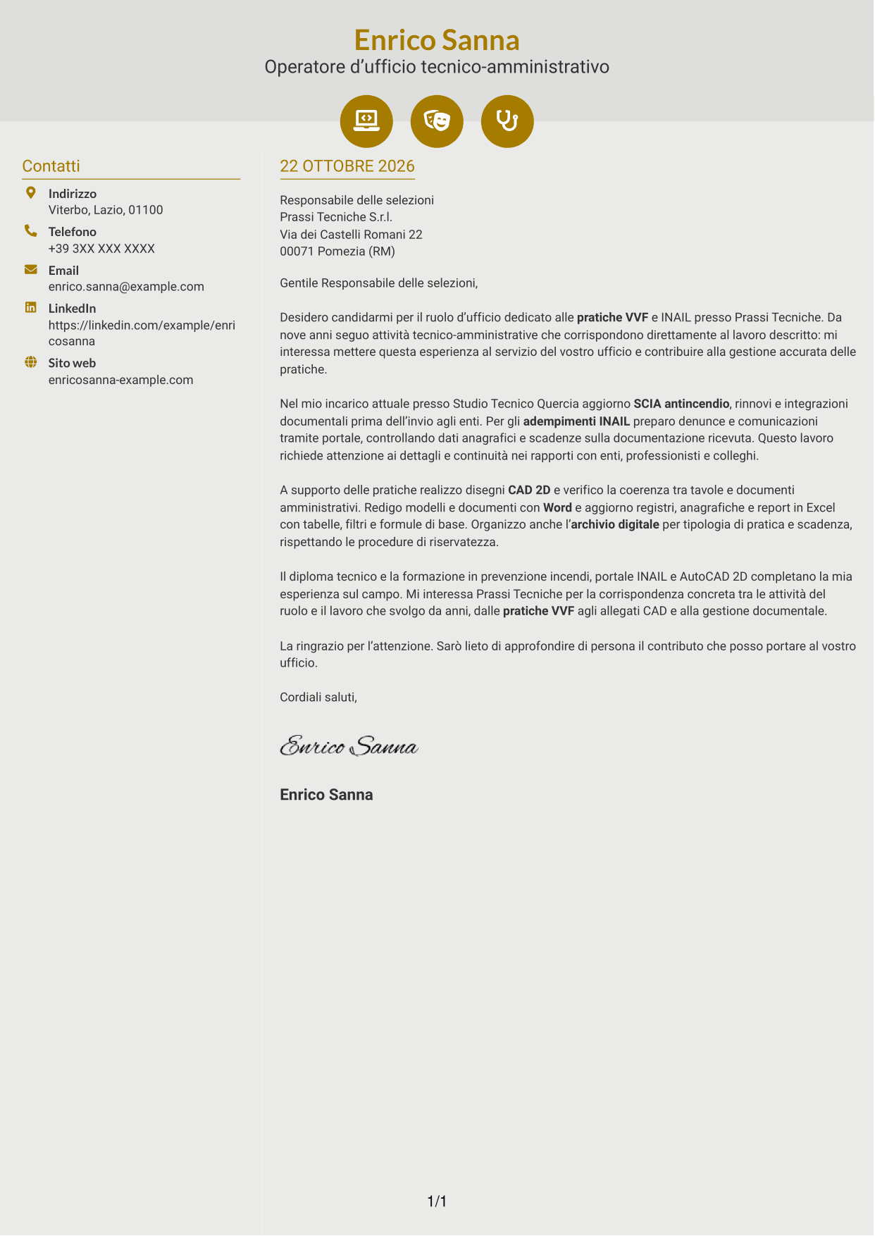 Lettera di presentazione Dinamico (formato a due colonne con icone): Operatore d’ufficio - Pratiche VVF e INAIL, pagina 1
