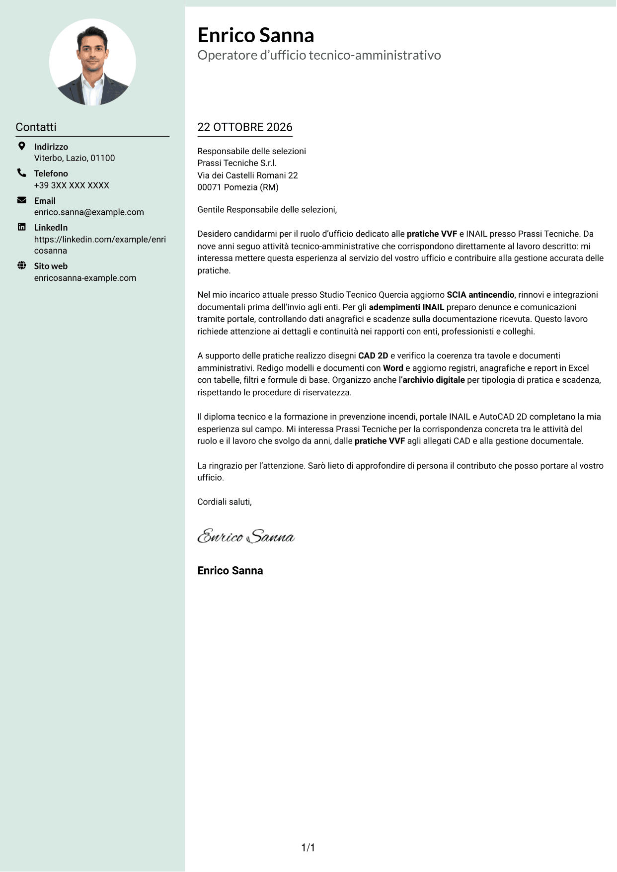 Lettera di presentazione Dirigente (formato con colonna laterale tenue e foto arrotondata): Operatore d’ufficio - Pratiche VVF e INAIL, pagina 1