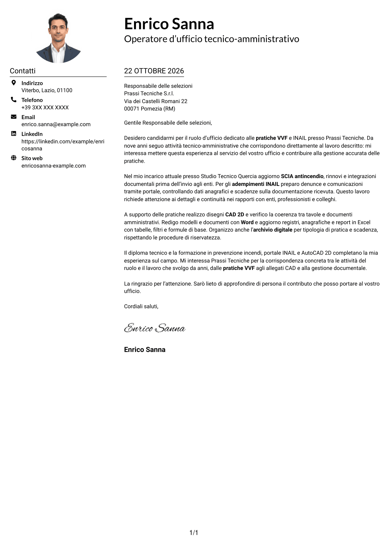 Esempio di lettera di presentazione — pagina 1