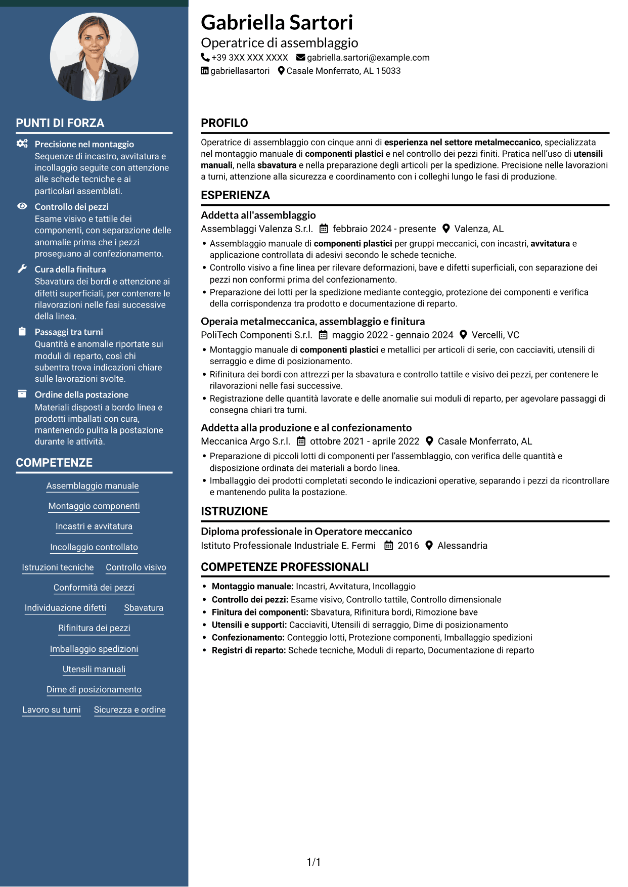 CV Elegante (formato con colonna laterale colorata e foto): Operatore di assemblaggio - Componenti plastici, pagina 1
