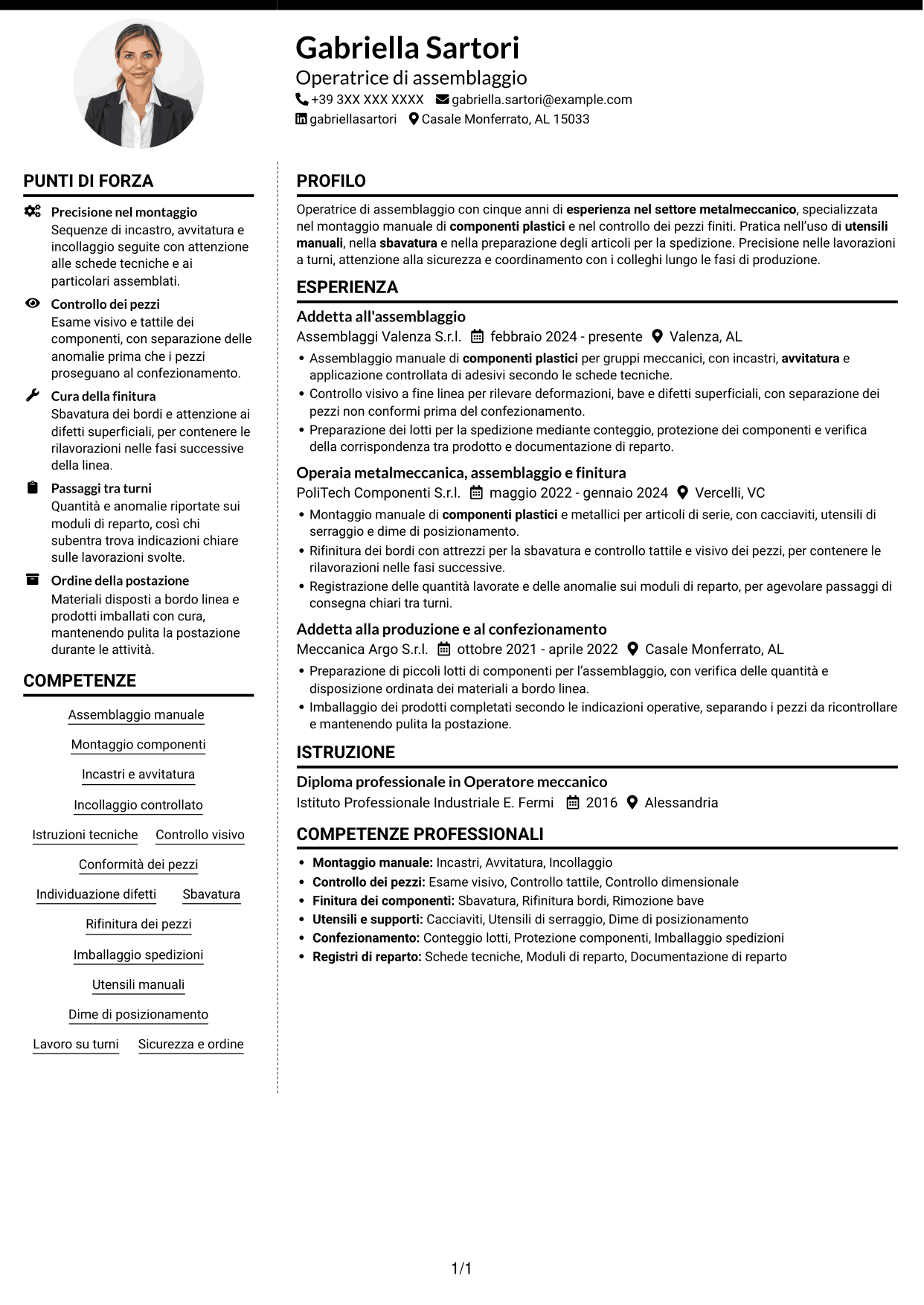 CV Moderno (formato a due colonne con foto a sinistra e separatore): Operatore di assemblaggio - Componenti plastici, pagina 1
