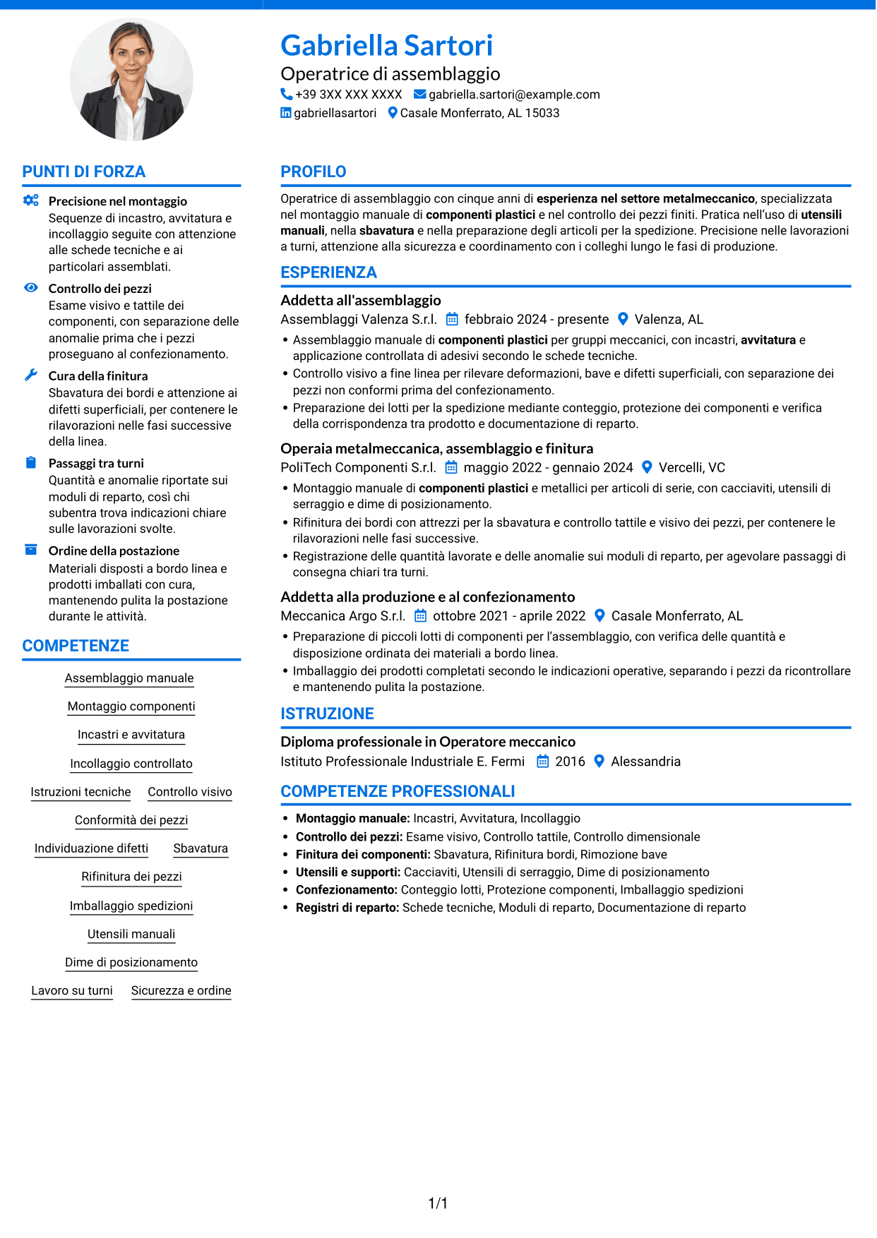 CV Audace (formato a due colonne con accenti colorati e foto): Operatore di assemblaggio - Componenti plastici, pagina 1