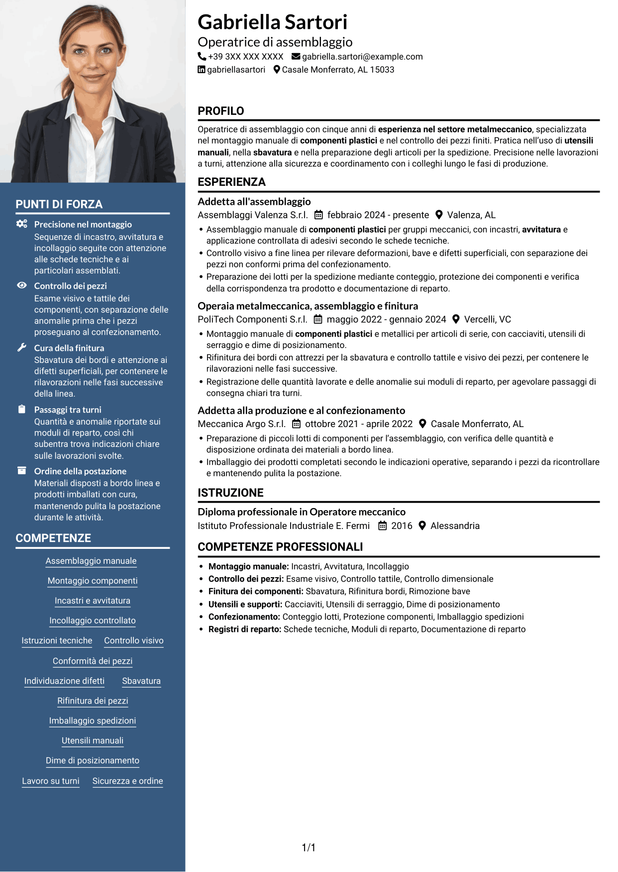 CV Signature (formato con colonna laterale colorata e foto grande): Operatore di assemblaggio - Componenti plastici, pagina 1
