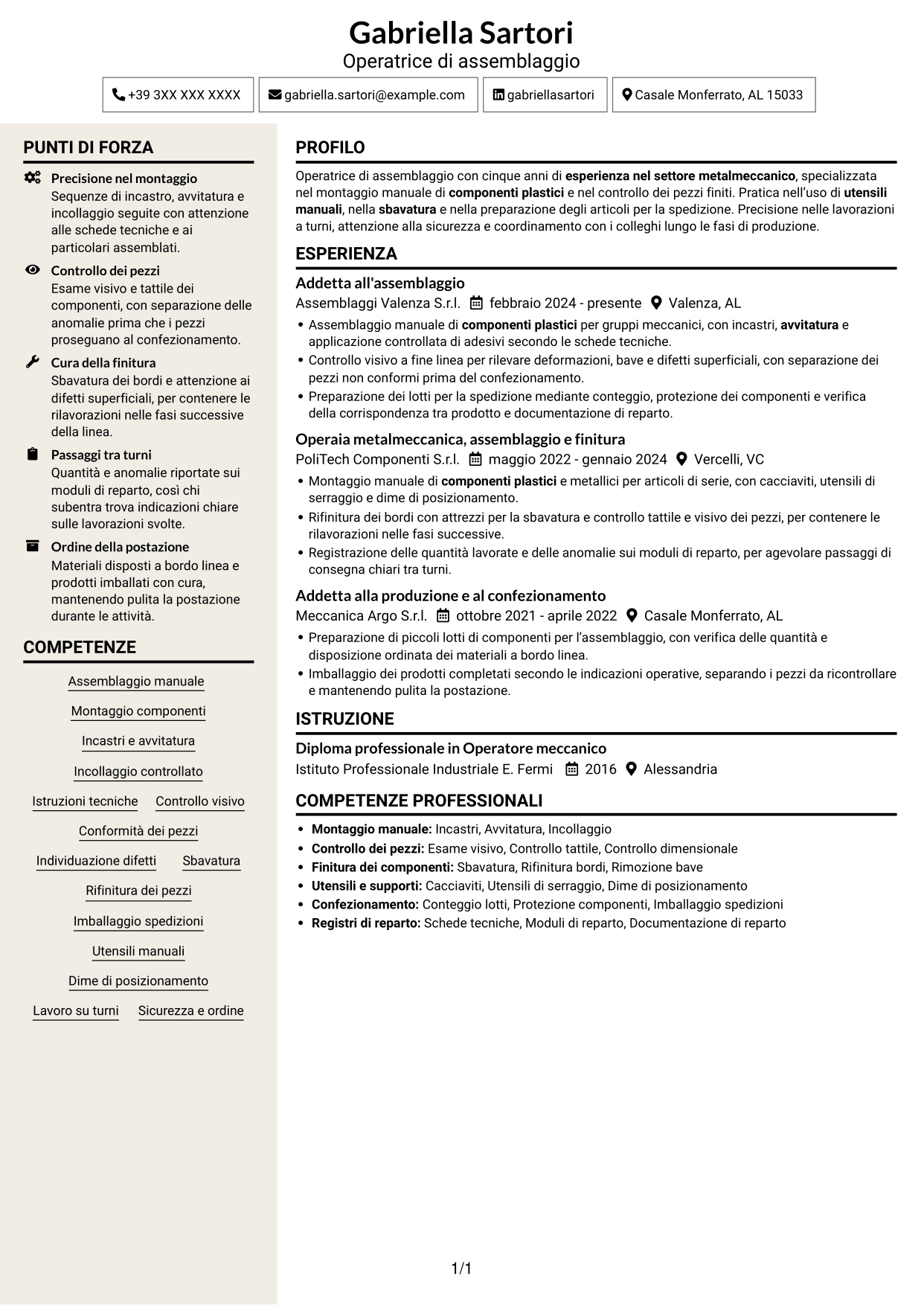 CV Intraprendente (formato a due colonne con intestazione centrata senza foto): Operatore di assemblaggio - Componenti plastici, pagina 1