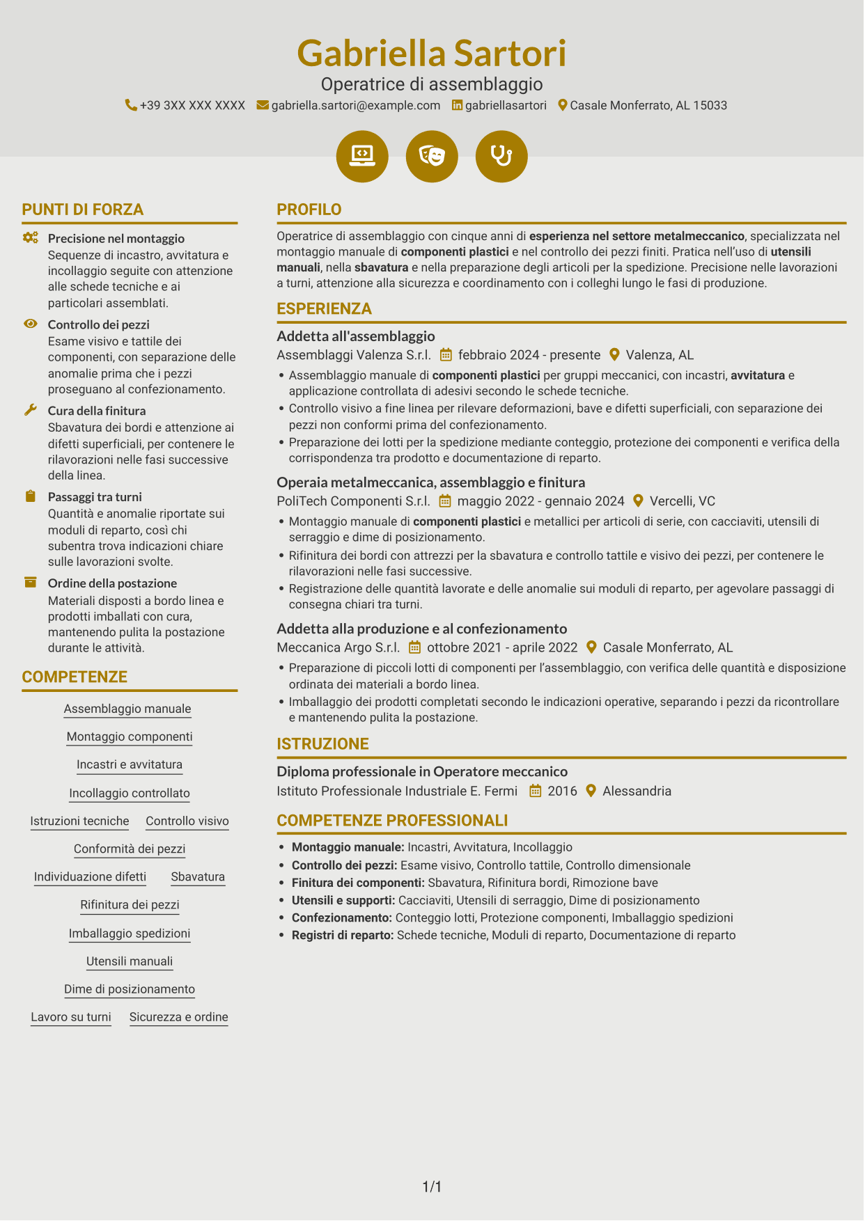 CV Dinamico (formato a due colonne con icone): Operatore di assemblaggio - Componenti plastici, pagina 1