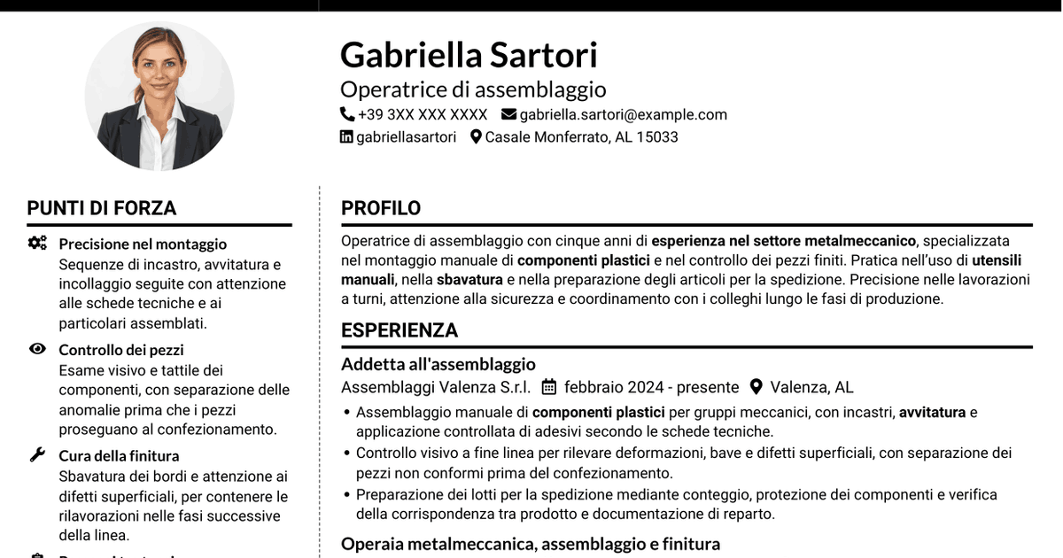 7 modelli di CV per Operatore di assemblaggio - Componenti plastici, con esempi