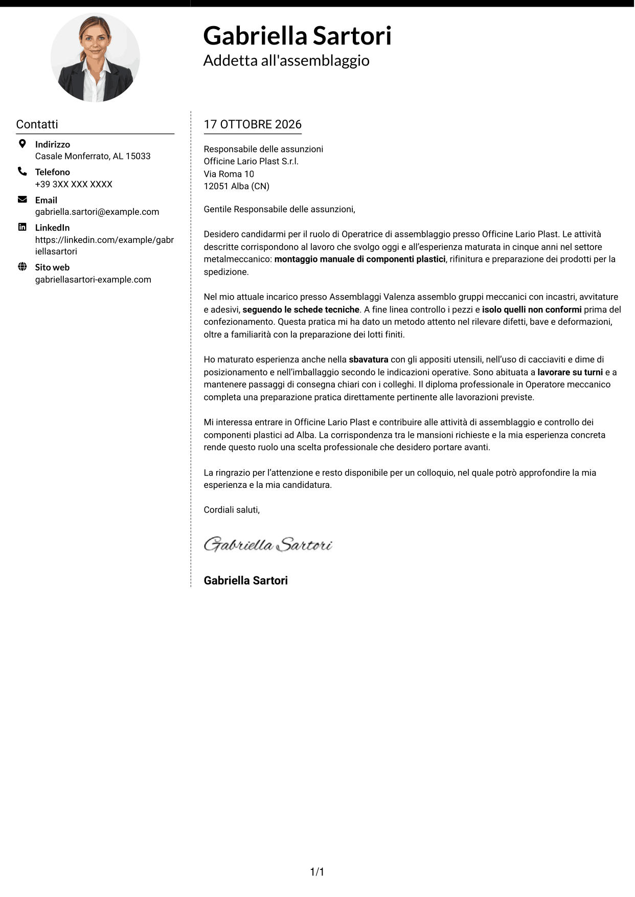 Lettera di presentazione Moderno (formato a due colonne con foto a sinistra e separatore): Operatore di assemblaggio - Componenti plastici, pagina 1