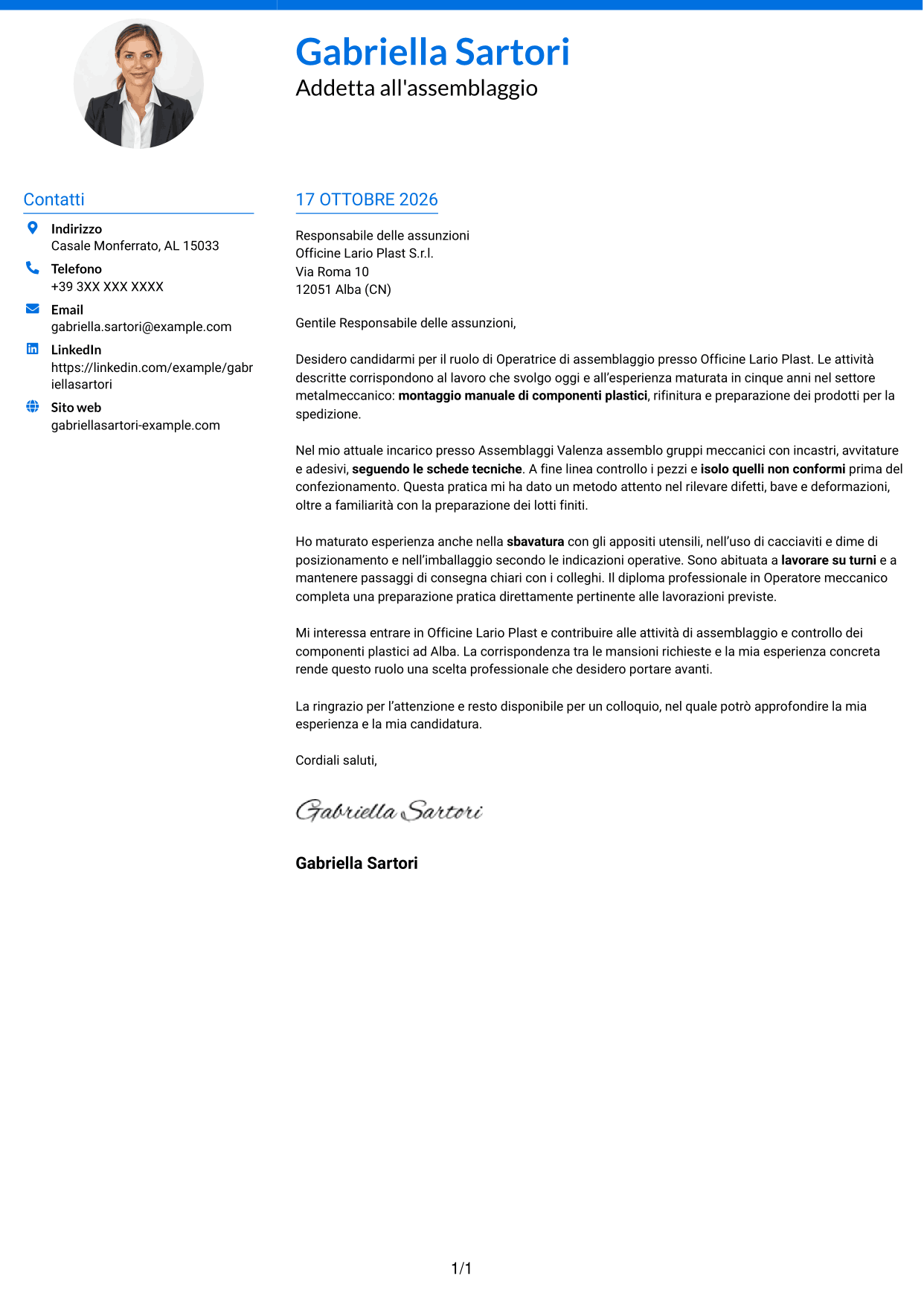 Lettera di presentazione Audace (formato a due colonne con accenti colorati e foto): Operatore di assemblaggio - Componenti plastici, pagina 1