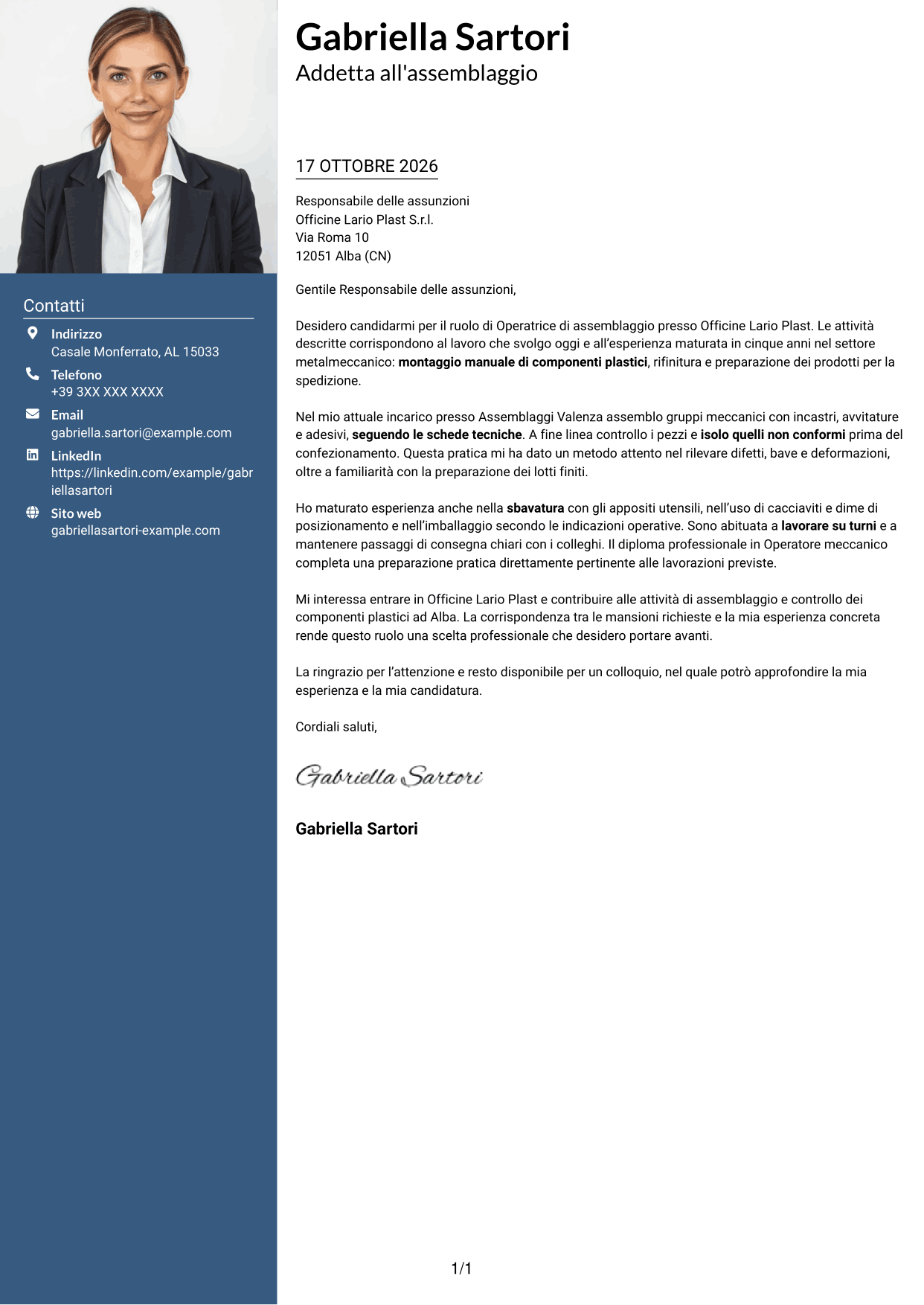 Lettera di presentazione Signature (formato con colonna laterale colorata e foto grande): Operatore di assemblaggio - Componenti plastici, pagina 1
