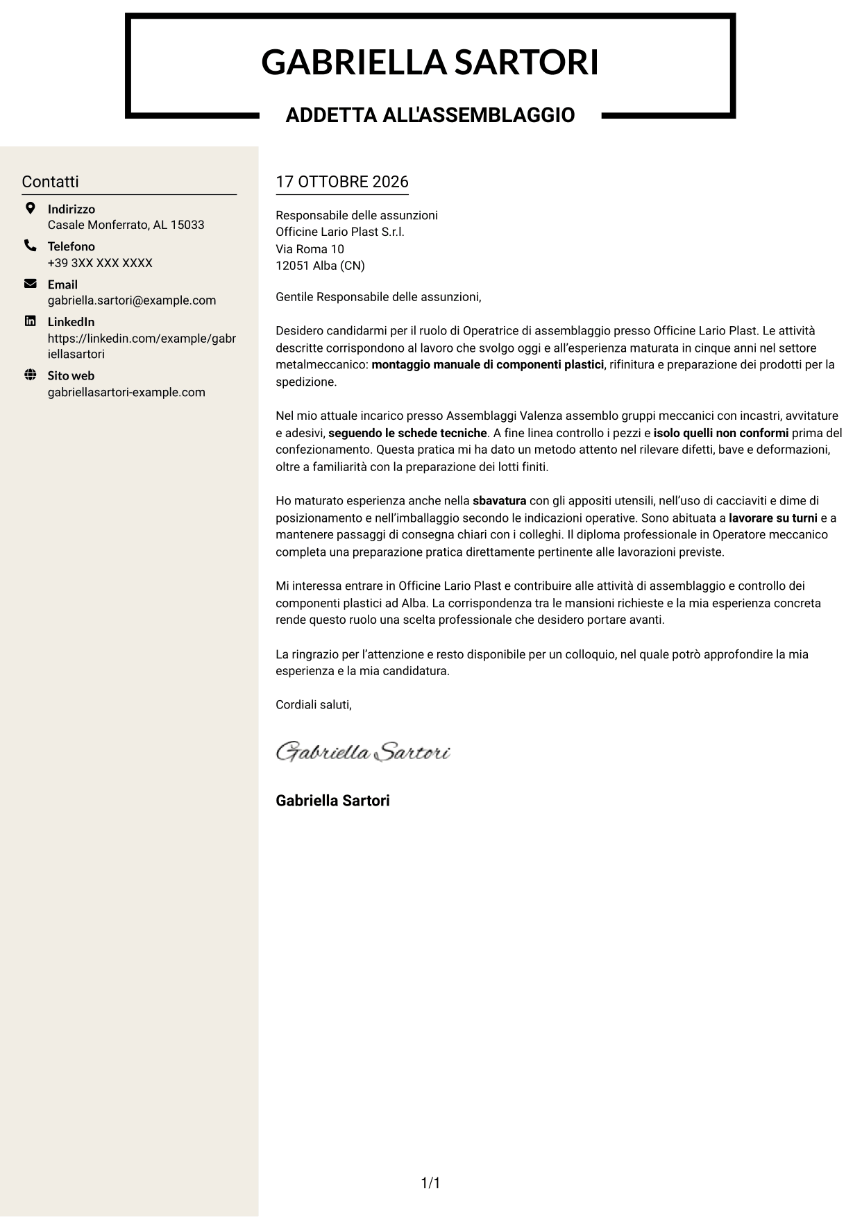 Lettera di presentazione Intraprendente (formato a due colonne con intestazione centrata senza foto): Operatore di assemblaggio - Componenti plastici, pagina 1