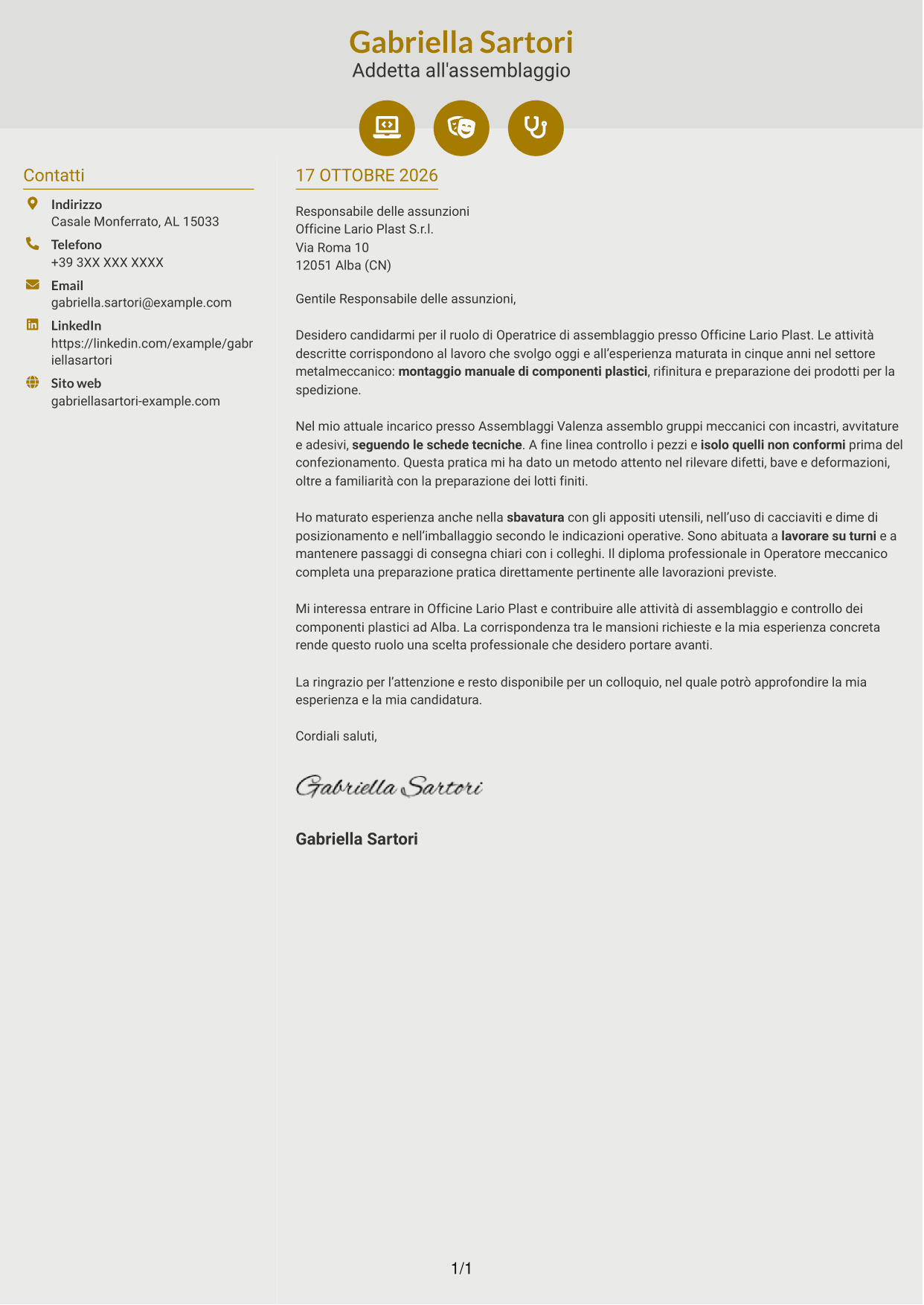 Lettera di presentazione Dinamico (formato a due colonne con icone): Operatore di assemblaggio - Componenti plastici, pagina 1