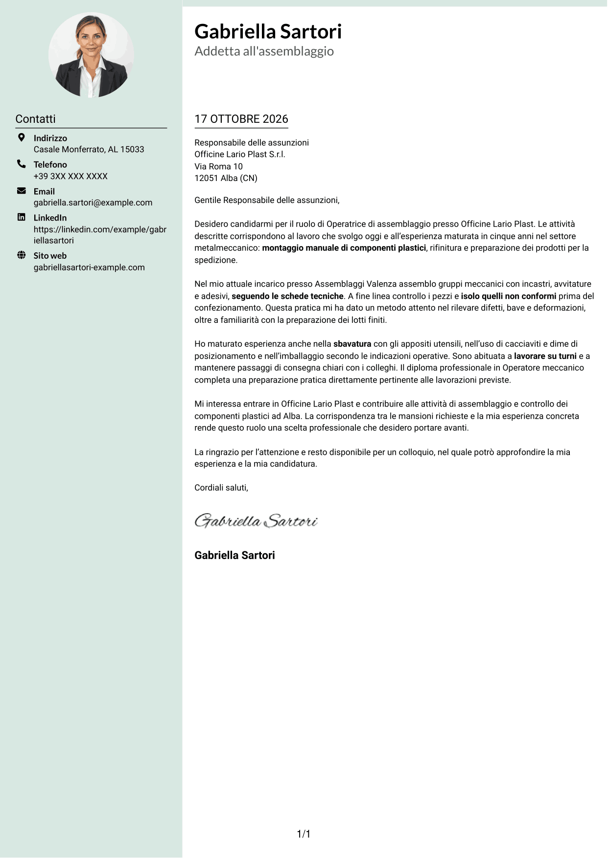 Lettera di presentazione Dirigente (formato con colonna laterale tenue e foto arrotondata): Operatore di assemblaggio - Componenti plastici, pagina 1