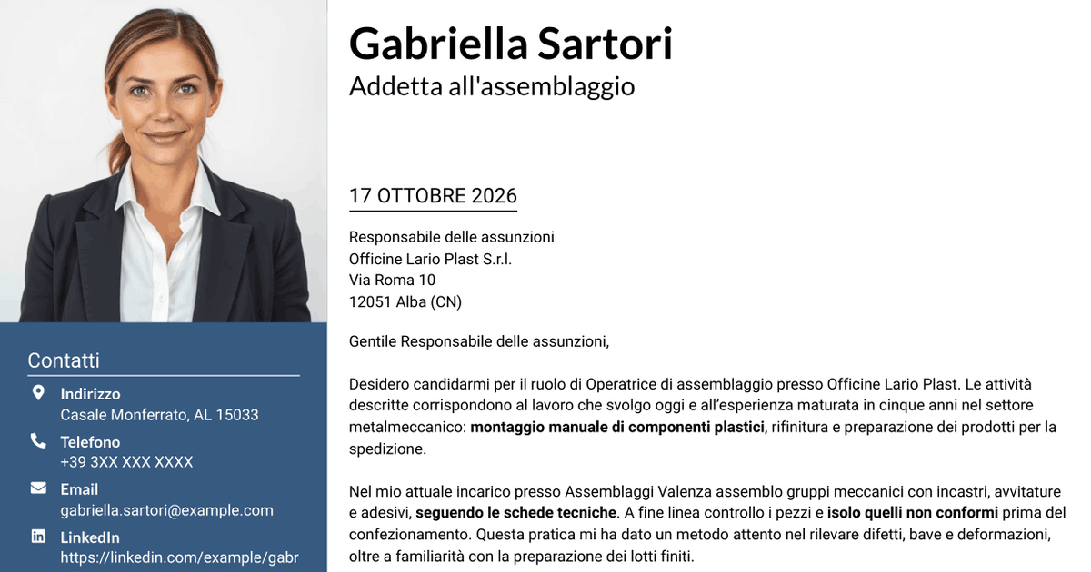7 modelli di lettera di presentazione per Operatore di assemblaggio - Componenti plastici, con esempi