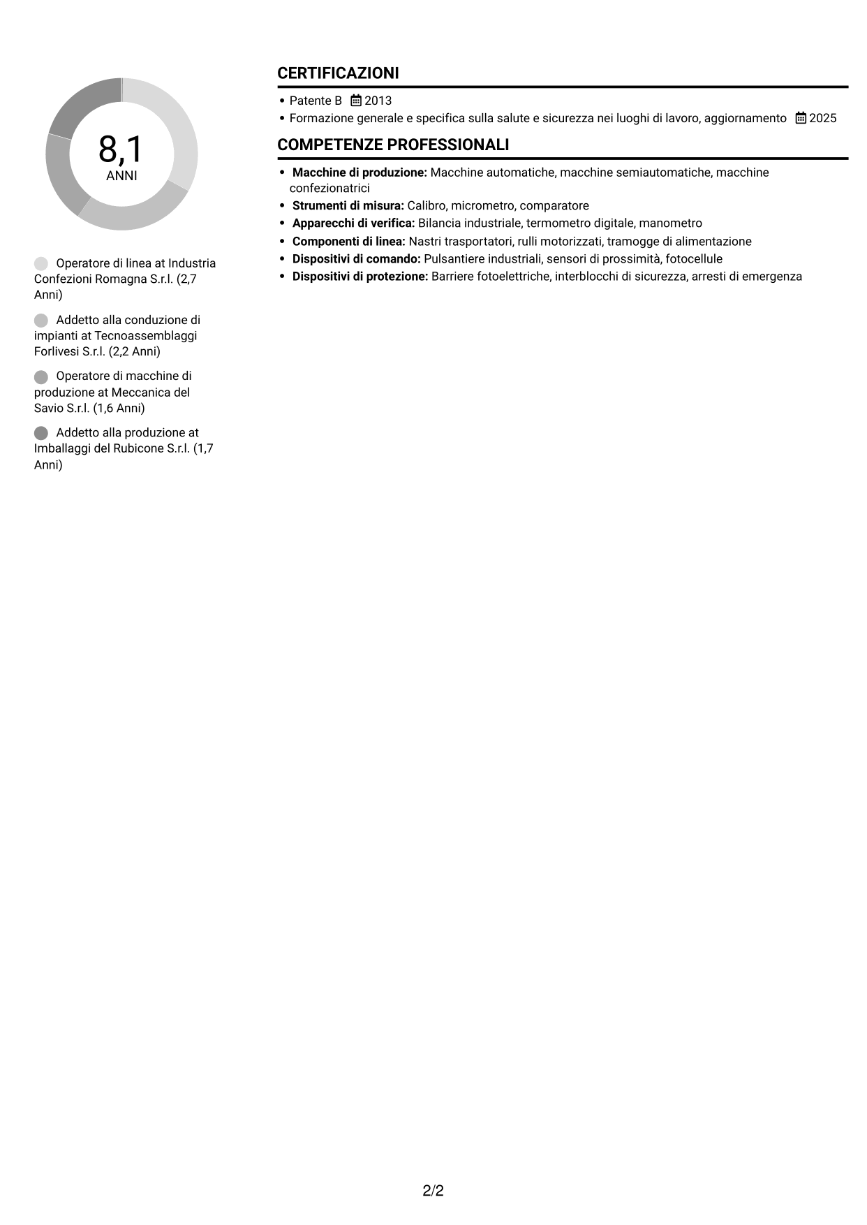 CV Compatto (formato sobrio a due colonne con foto): Operatore di macchine e impianti - Produzione, pagina 2