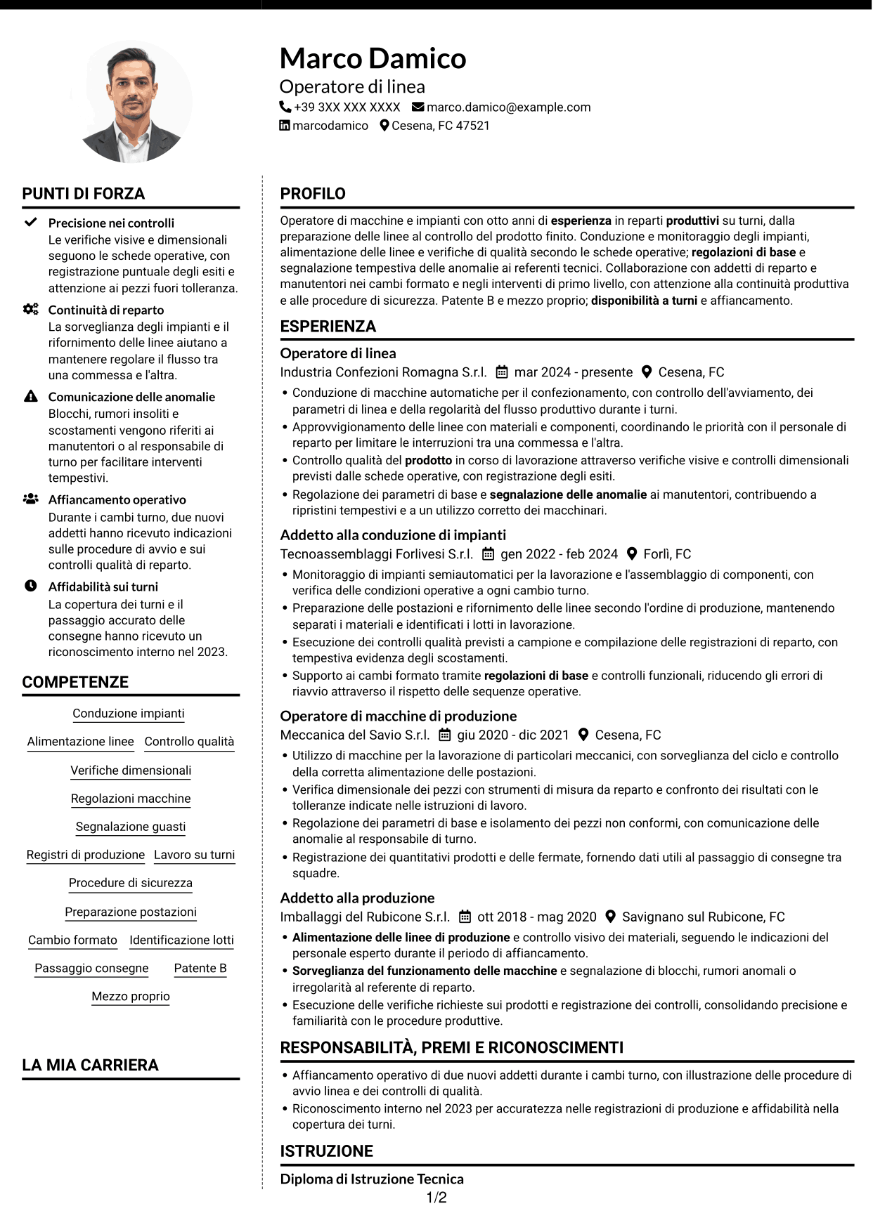 CV Moderno (formato a due colonne con foto a sinistra e separatore): Operatore di macchine e impianti - Produzione, pagina 1