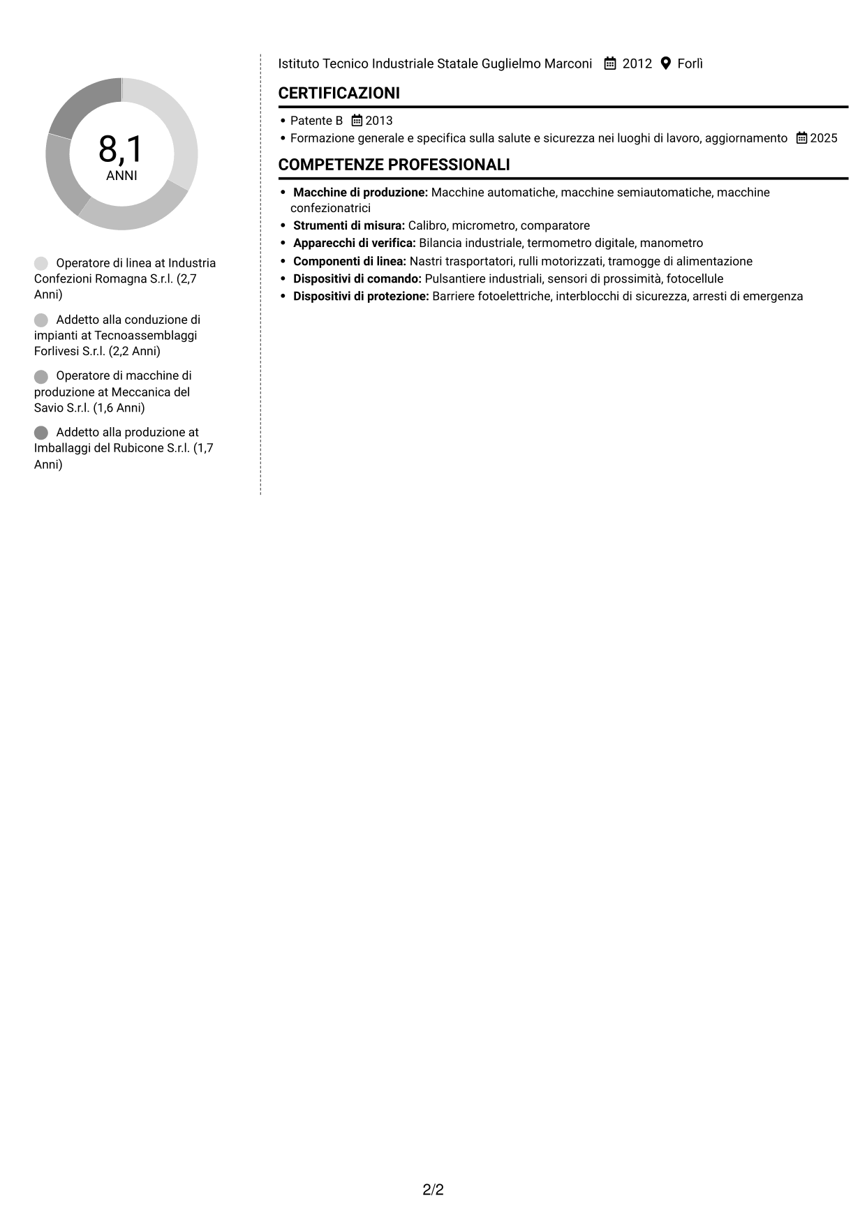 CV Moderno (formato a due colonne con foto a sinistra e separatore): Operatore di macchine e impianti - Produzione, pagina 2