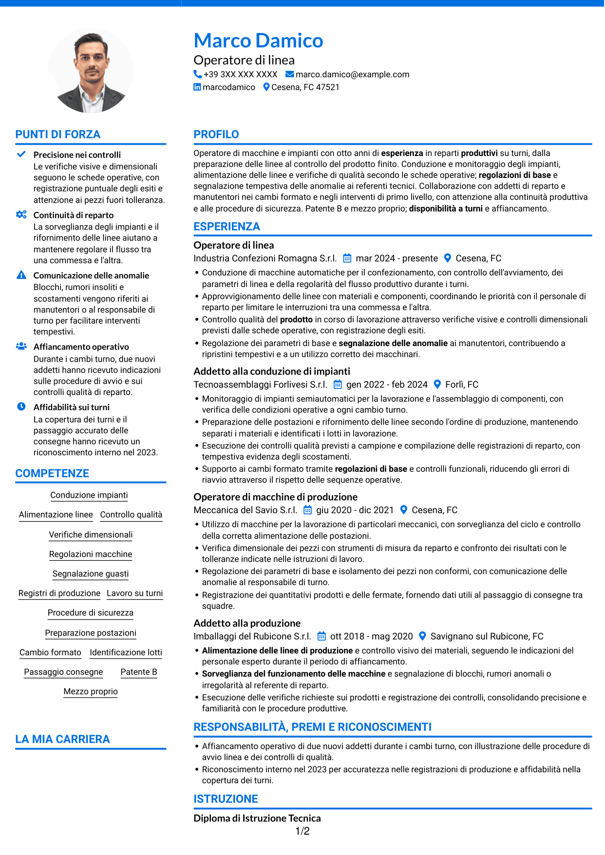 CV Audace (formato a due colonne con accenti colorati e foto): Operatore di macchine e impianti - Produzione, pagina 1