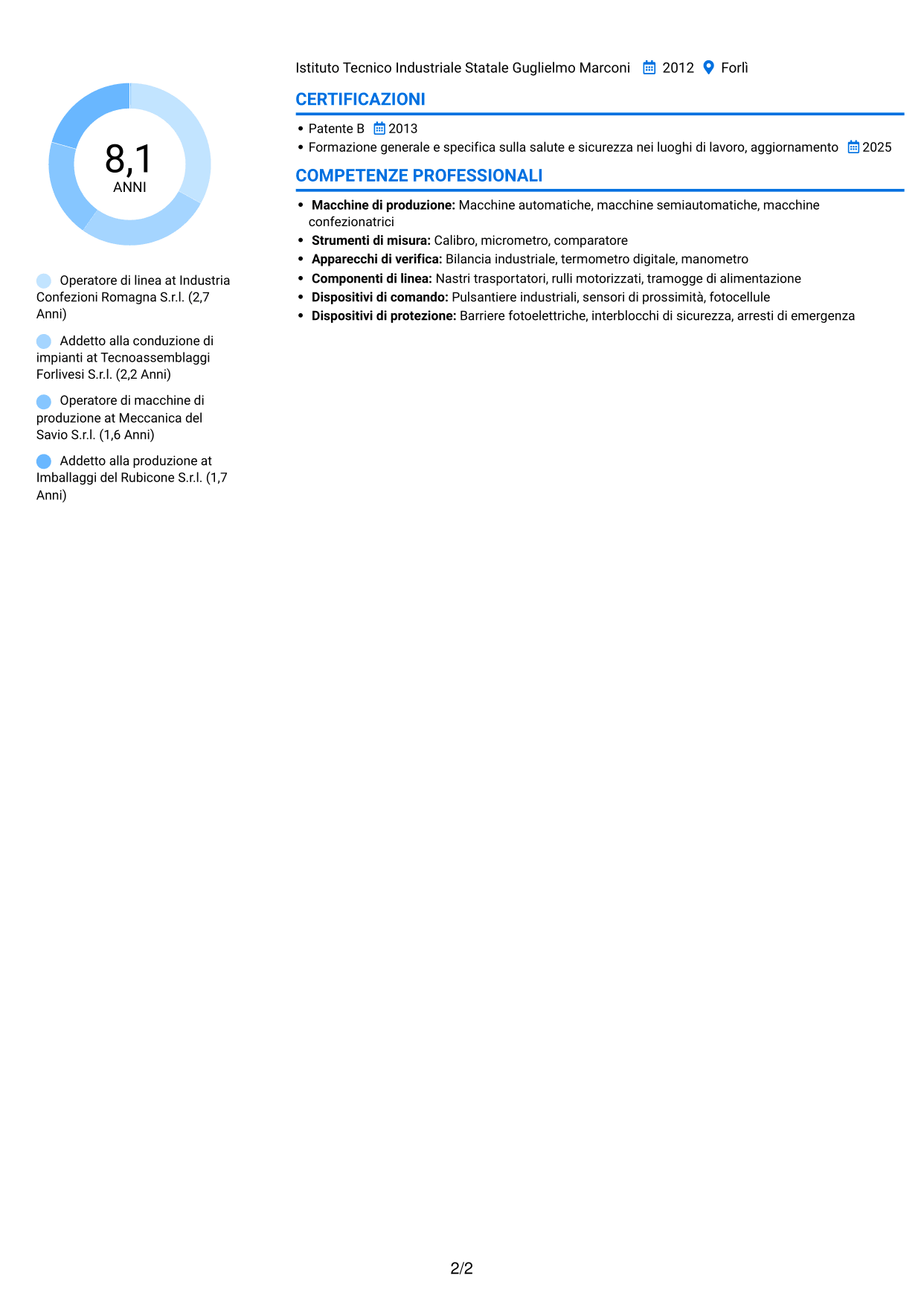CV Audace (formato a due colonne con accenti colorati e foto): Operatore di macchine e impianti - Produzione, pagina 2