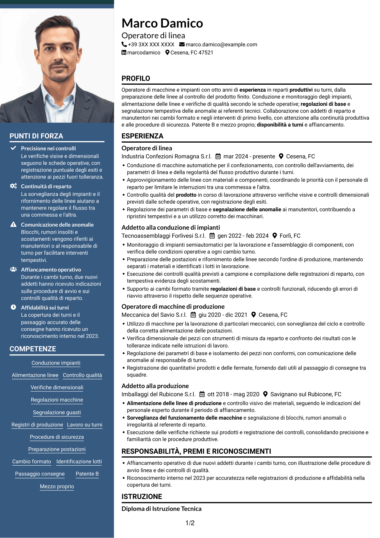CV Signature (formato con colonna laterale colorata e foto grande): Operatore di macchine e impianti - Produzione, pagina 1