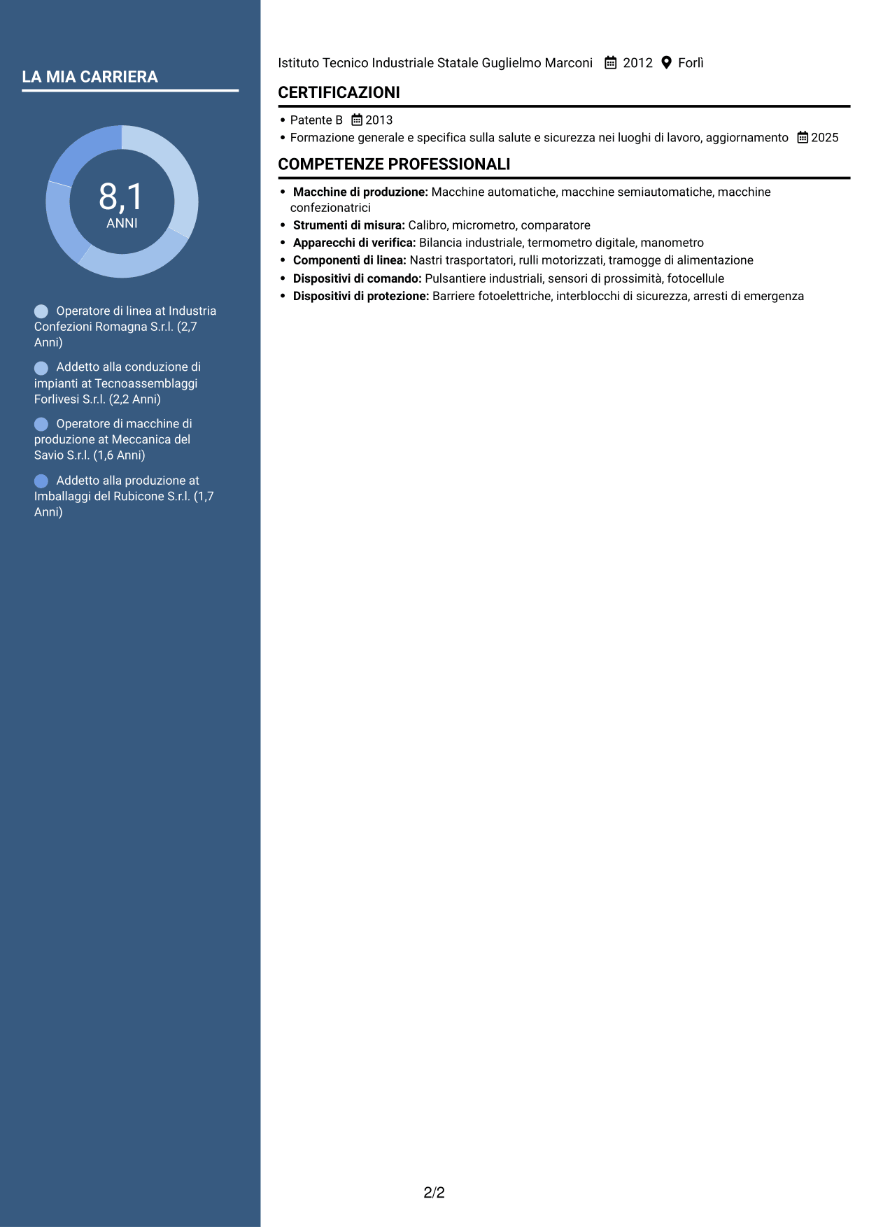 CV Signature (formato con colonna laterale colorata e foto grande): Operatore di macchine e impianti - Produzione, pagina 2