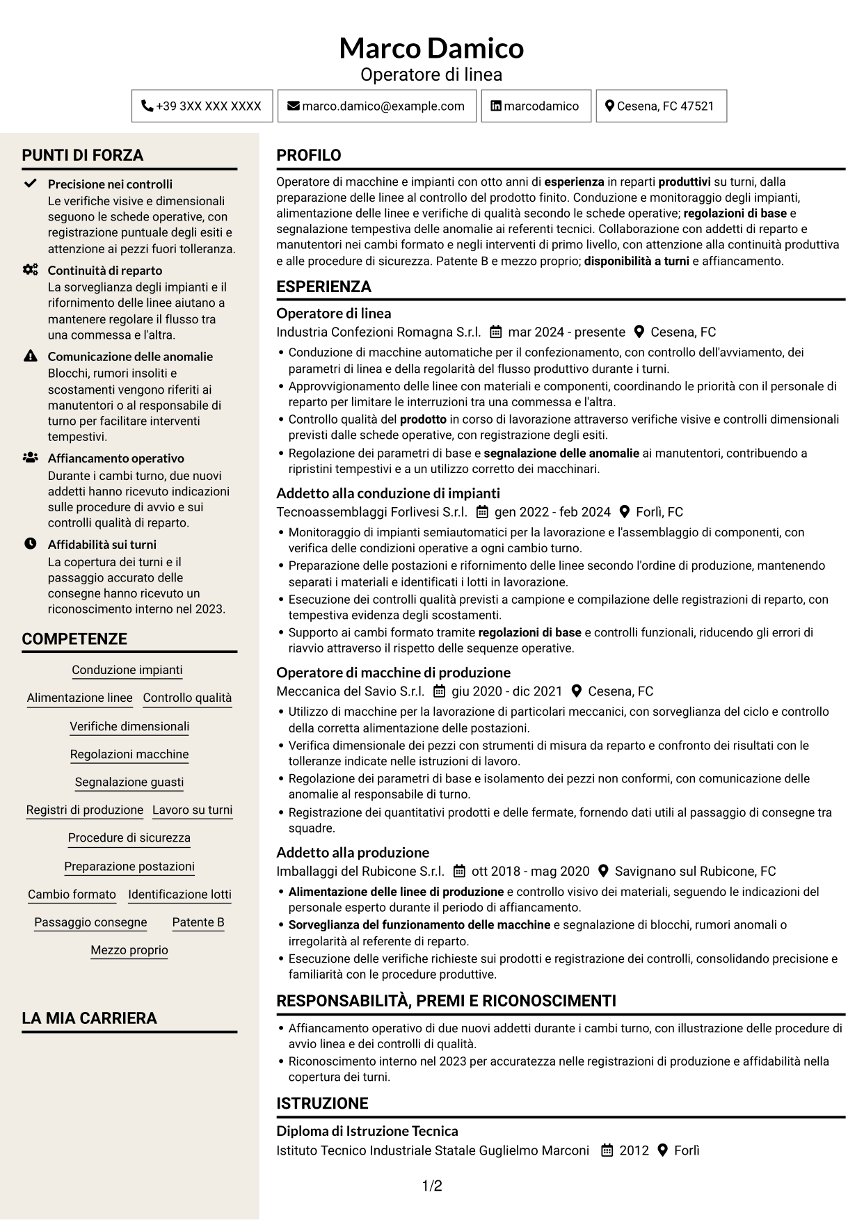 CV Intraprendente (formato a due colonne con intestazione centrata senza foto): Operatore di macchine e impianti - Produzione, pagina 1