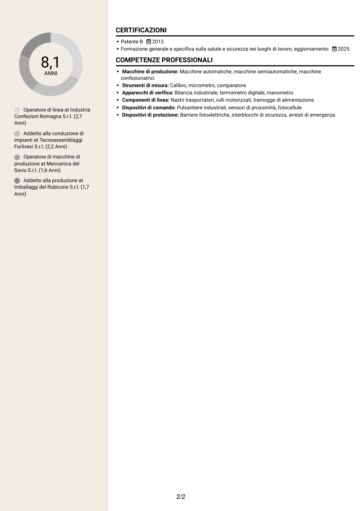 CV Intraprendente (formato a due colonne con intestazione centrata senza foto): Operatore di macchine e impianti - Produzione, pagina 2