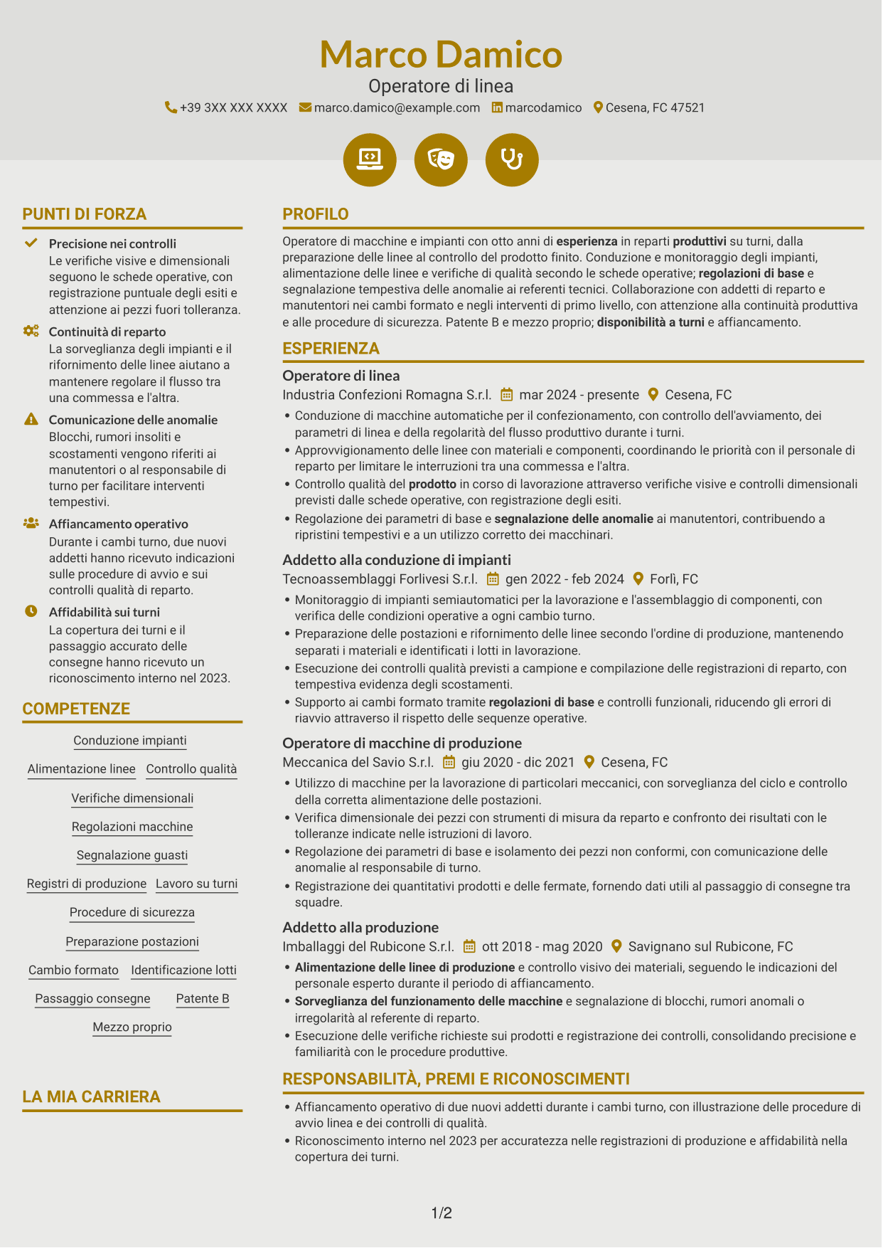 CV Dinamico (formato a due colonne con icone): Operatore di macchine e impianti - Produzione, pagina 1