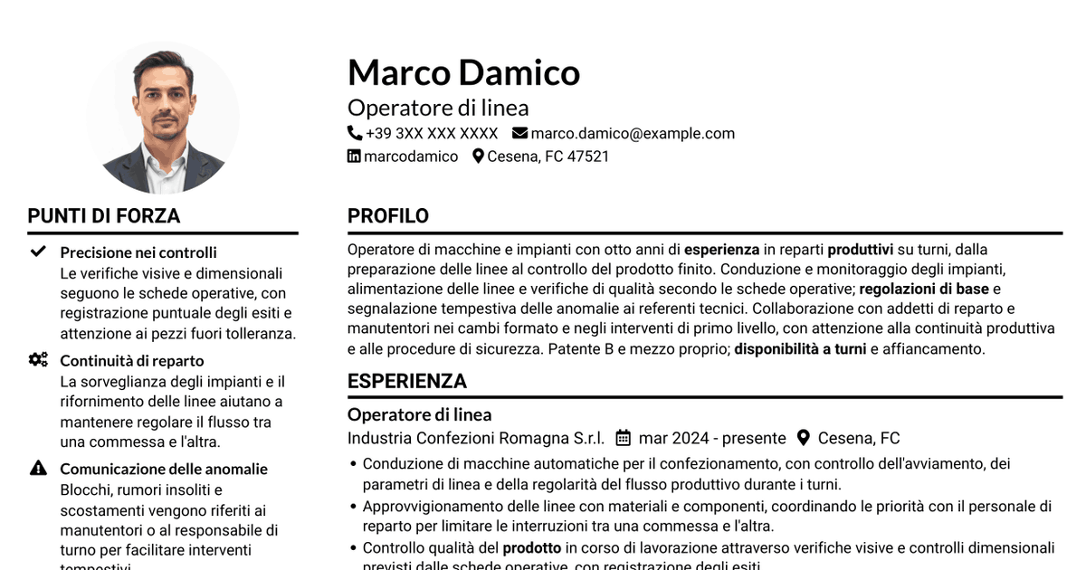7 modelli di CV per Operatore di macchine e impianti - Produzione, con esempi